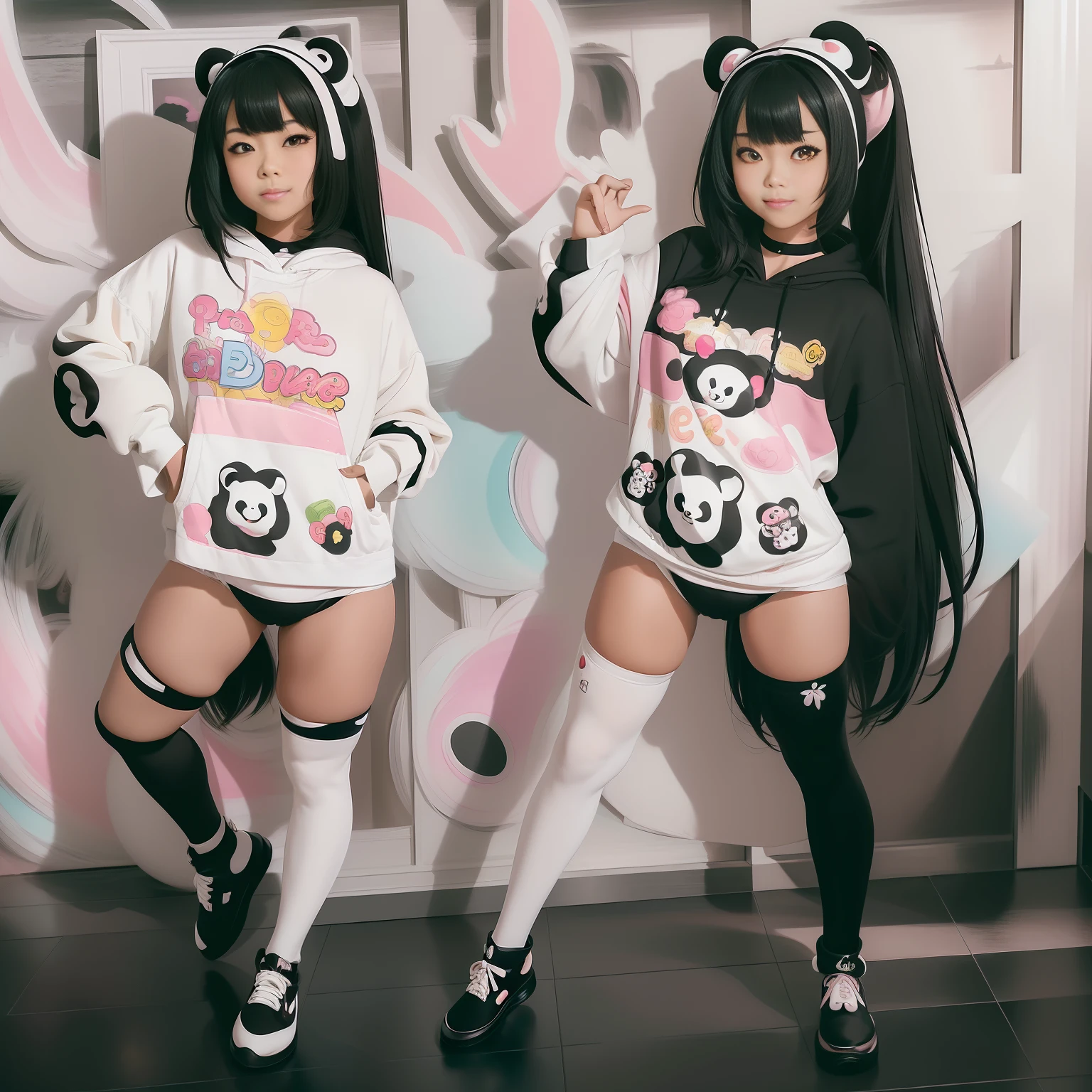 (aesthetic, high quality, ultra detailed CG), a blushing Asian girl, cute, short black hair, big cute eyes, "black and white panda theme hoodie", wearing a diaper, black thigh high socks and mary jane shoes, a full body portrait, standing up pose, casual dynamic pose, high key lighting, pastel colors, anime-style, light green bright background.
