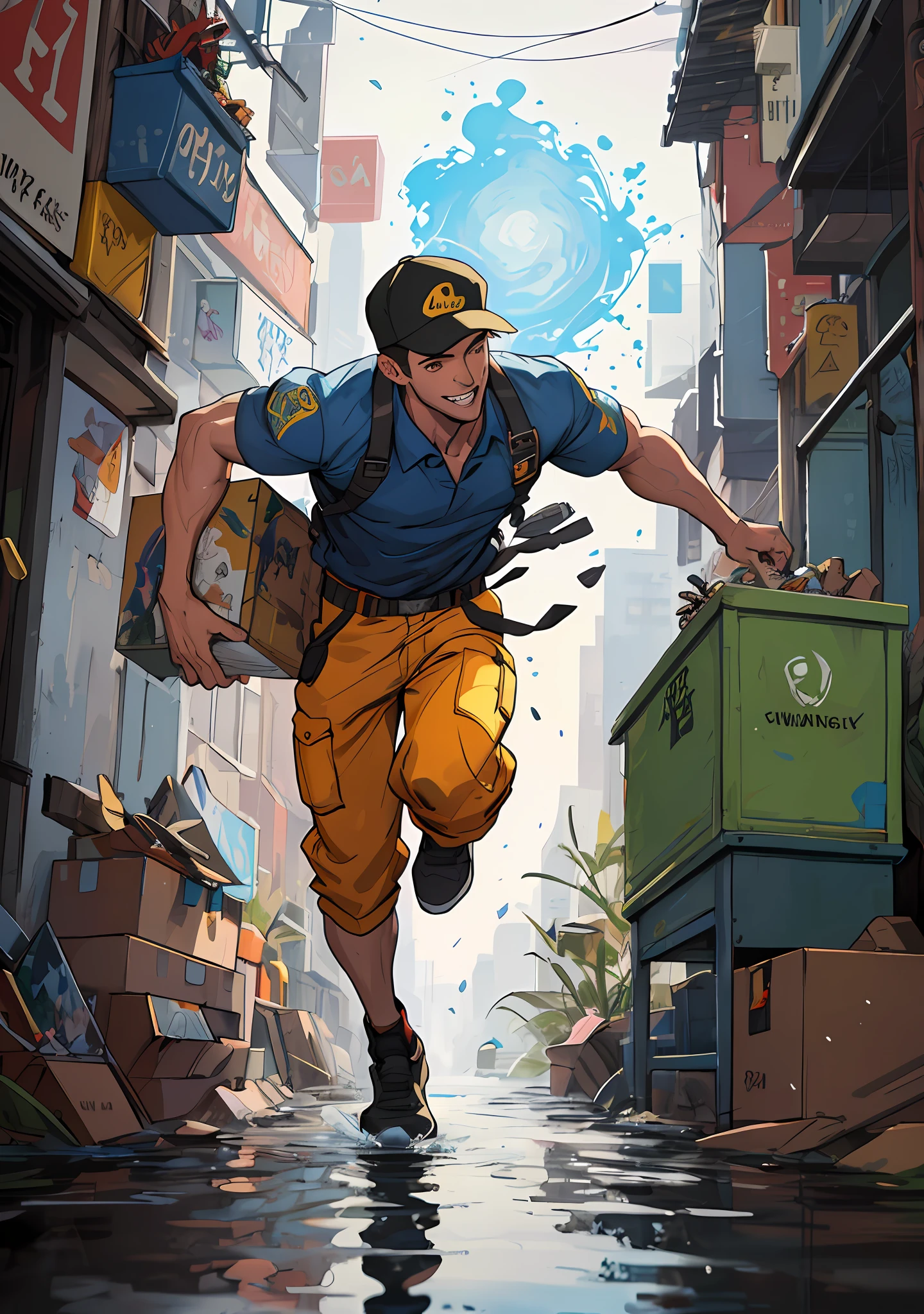 (Painting:1.3) of (Detailed illustration:1.3) A (full body:1.3) shot at 8k resolution, splash art, fantastic comic book style, photorealistic, happy look, anatomical photorealistic digital painting portrait of a Dilivery boy rushing to deliver a package in a (metropolitan city:1.3) wearing yellow cap and delivery uniform (holding a delivery Box with Dilivery printed on it), light particle, very detailed skin, very detailed eyes, concept artist, global illumination, depth of field, splash art, trending on DeviantArt.
