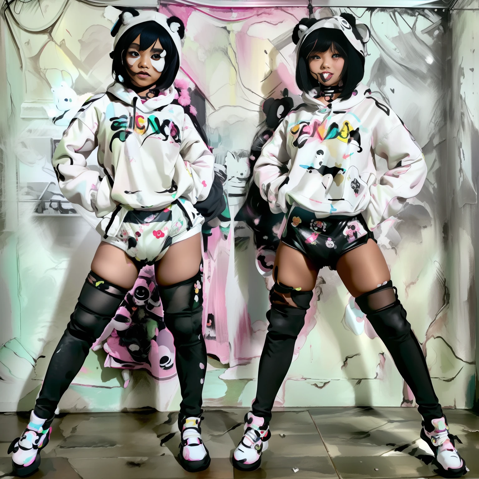 (aesthetic, high quality, ultra detailed CG), a blushing Asian girl, cute, short black hair, big cute eyes, "black and white panda theme hoodie", wearing a diaper, black thigh high socks and mary jane shoes, a full body portrait, standing up pose, casual dynamic pose, high key lighting, pastel colors, anime-style, light green bright background.