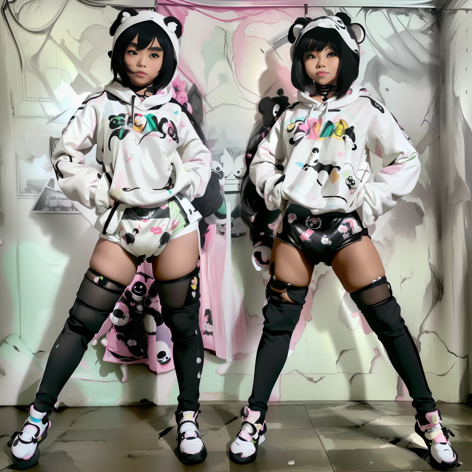 (aesthetic, high quality, ultra detailed CG), a blushing Asian girl, cute, short black hair, big cute eyes, "black and white panda theme hoodie", wearing a diaper, black thigh high socks and mary jane shoes, a full body portrait, standing up pose, casual dynamic pose, high key lighting, pastel colors, anime-style, light green bright background.