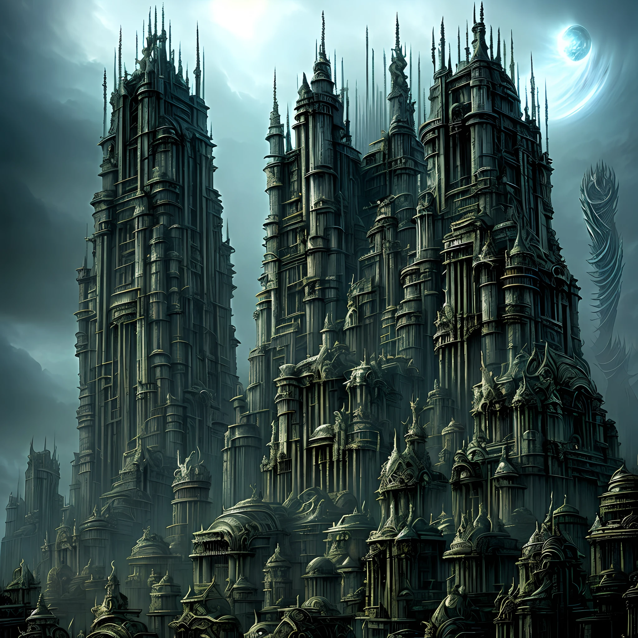 perverse landscape of madness, evil creatures totems, terrifying monuments by Giger. biomechanic buildings. Horror art, digital painting, color drawing, intricate details, hyperdetailed, complex, volumetric lighting maximalist, intricated details.