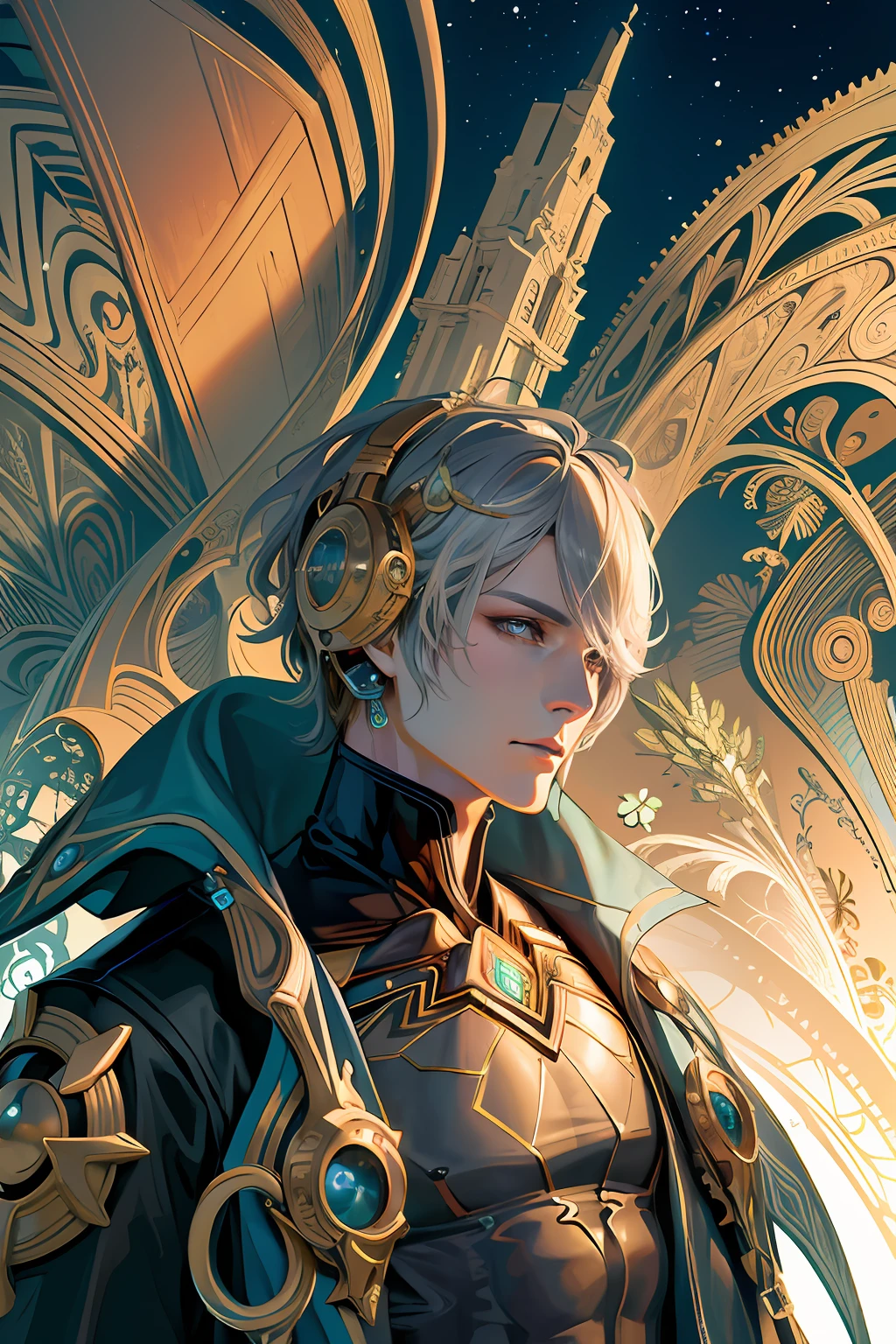 (masterpiece, top quality, best quality, official art, beautiful and aesthetic:1.2), (1male), extreme detailed,(fractal art:1.3),colorful,highest detailed, background with fractals and mechanical steampunk details