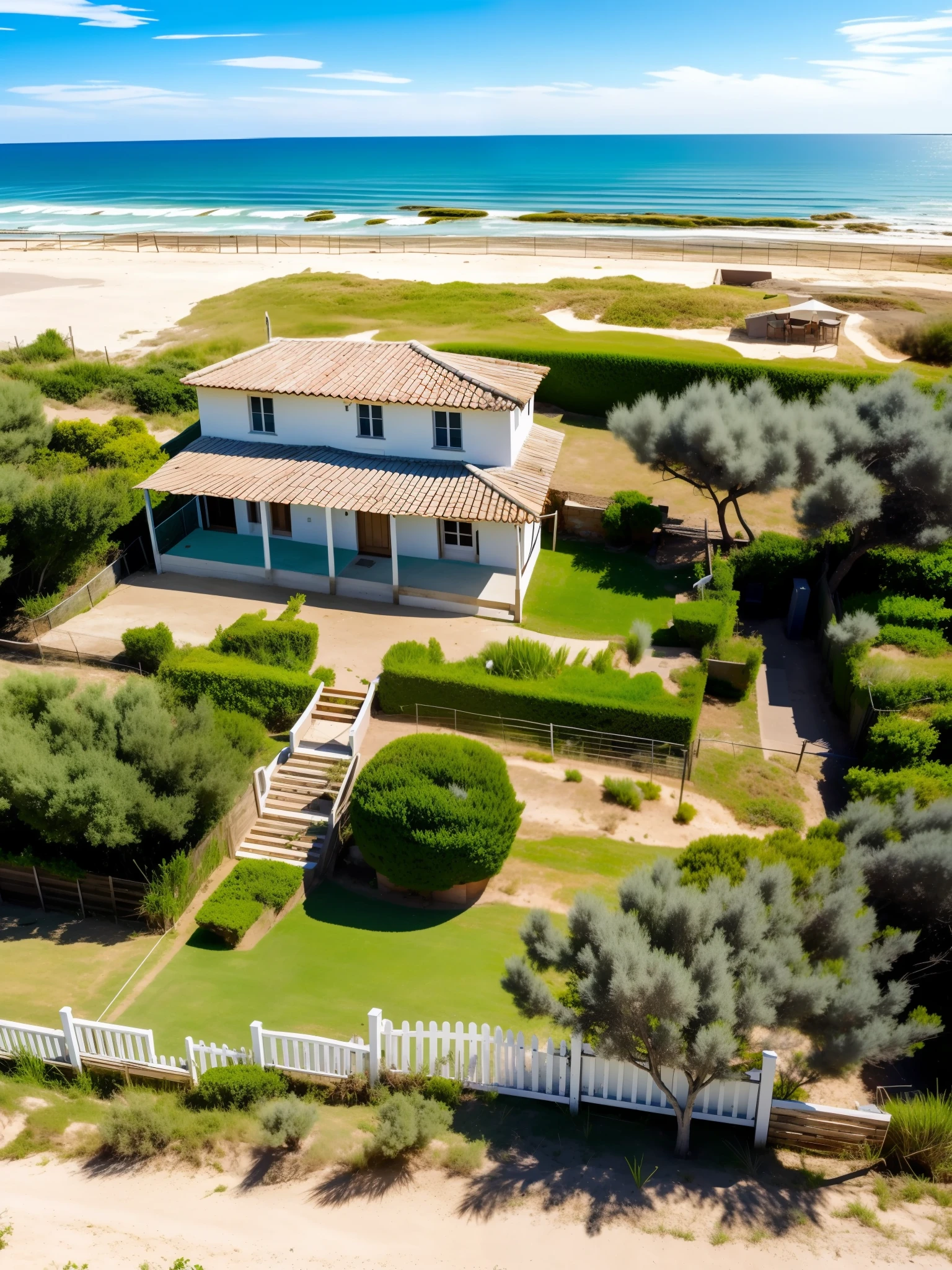 VERAVARI house on the beach with garden and surrounded by a fence of balusters, in a small town by the sea,8k.