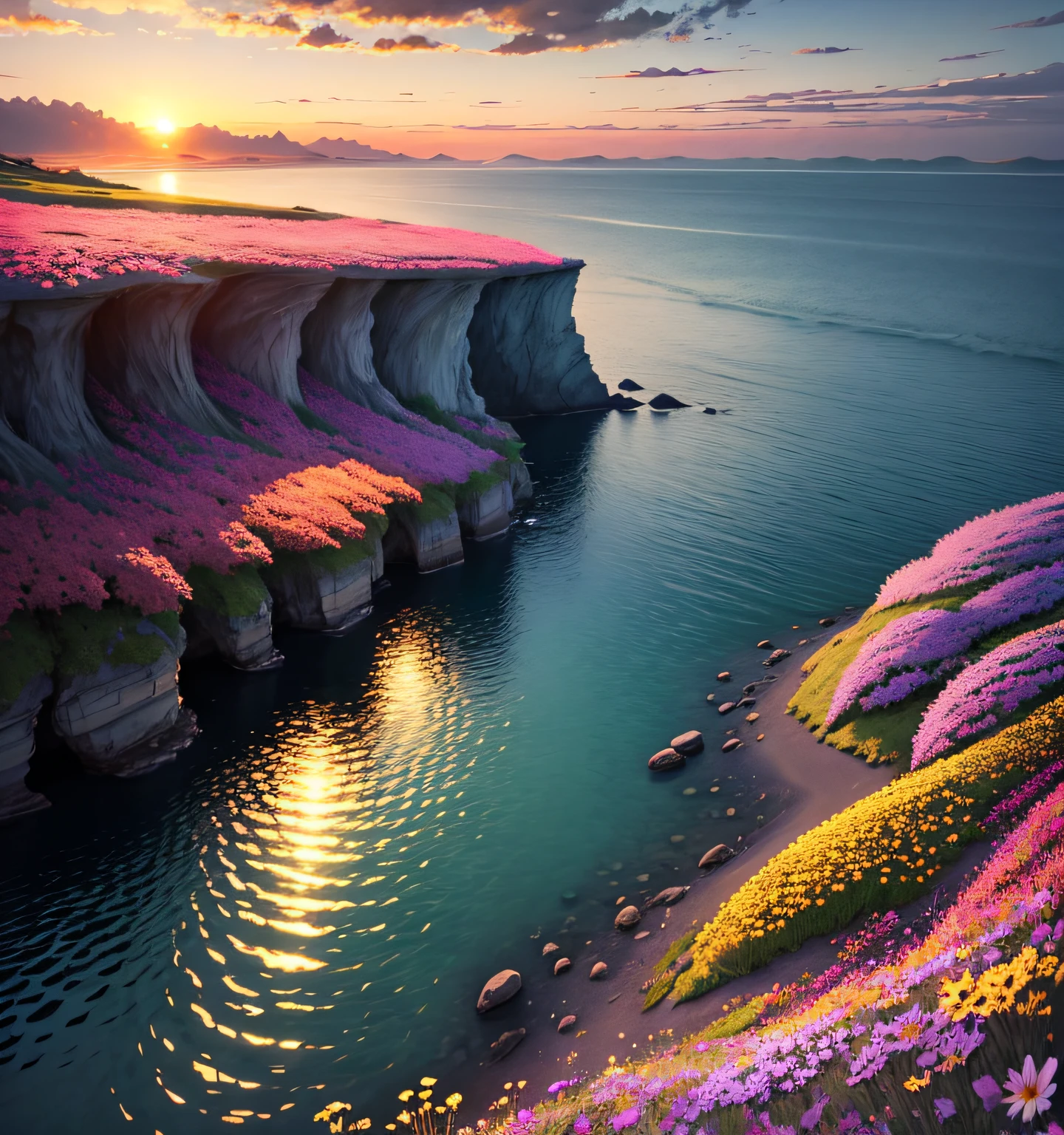 Nature, detailed lighting, sea of flowers, sky, sunset, breeze, fallen leaves, cliffs,