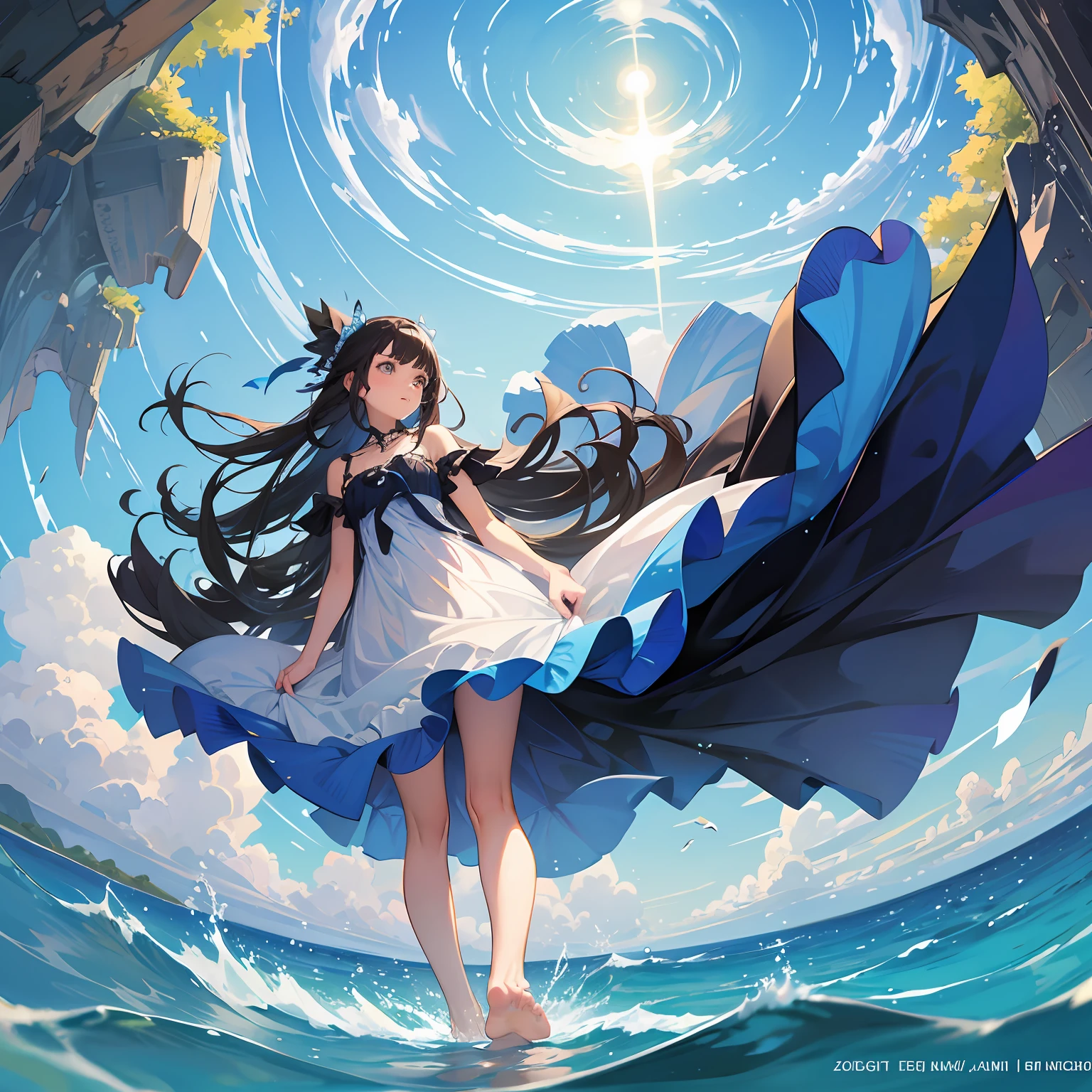 Top quality, masterpiece. Thin clothes, girl, put one foot in the sea water only with toes, girl is standing, girl is sideways, view from the side, ripples spread from the toes, the scene is about 20 meters away, above the sea, the horizon is visible, horizontal angle. At night, the whole scene glows, there is a meteor shower. The sight is mysterious