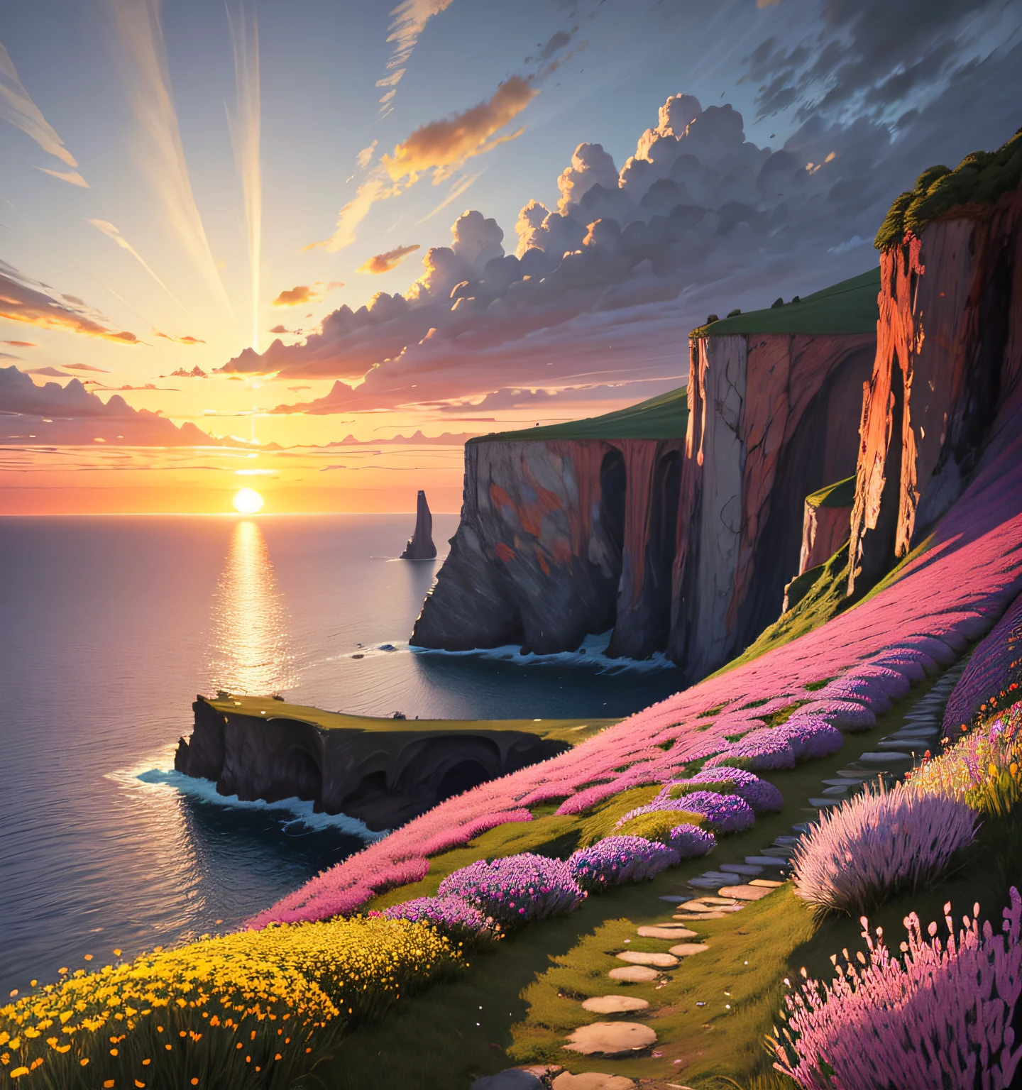 Nature, detailed lighting, sea of flowers, sky, sunset, breeze, fallen leaves, cliffs,