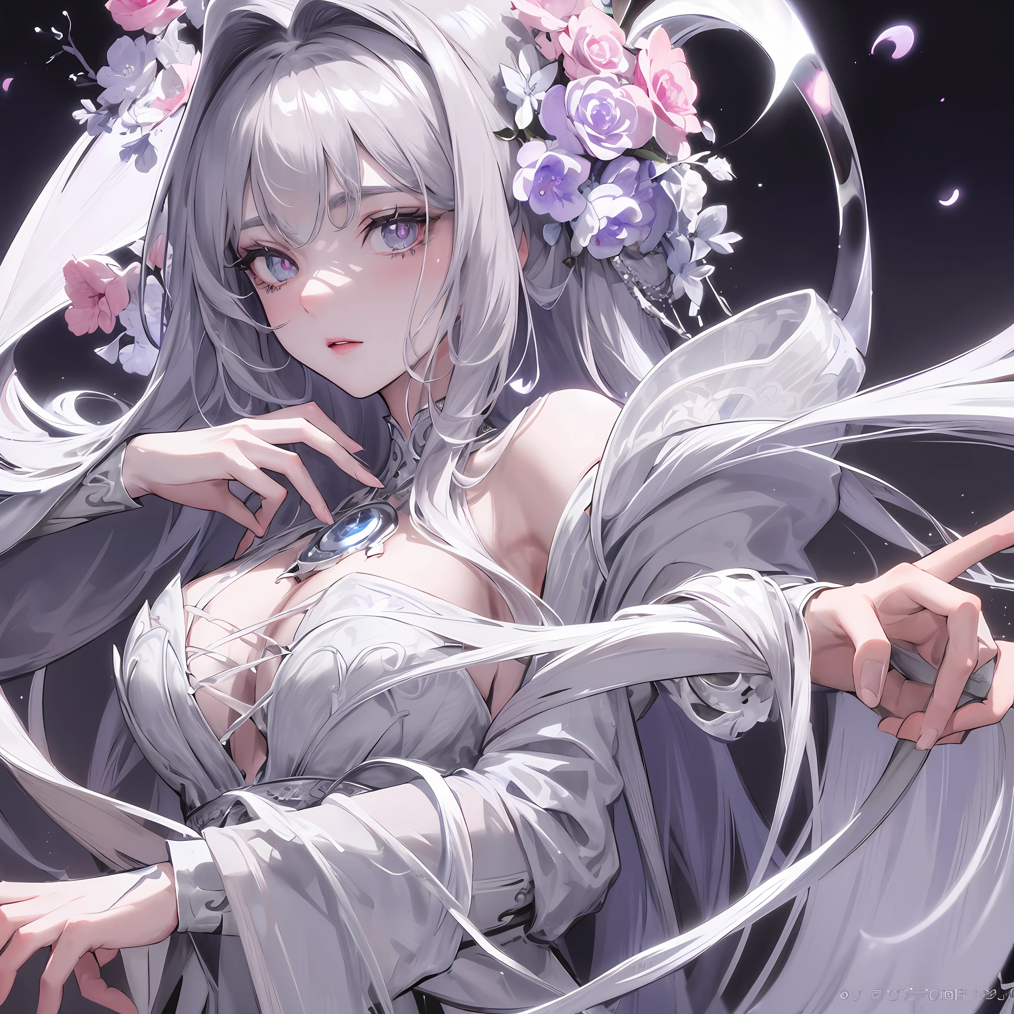 Masterpiece: Superb Night Moon Full Moon 1 Female Mature Female Sister Royal Sister Cold Face Expressionless Silver-white Long-Haired Woman Light Pink Lips Calm and Intellectual Three Banded Gray Pupil Assassin Short Knife, Flower Ball Background, Hand Details, Finger Details, Facial Details, Eye Details,