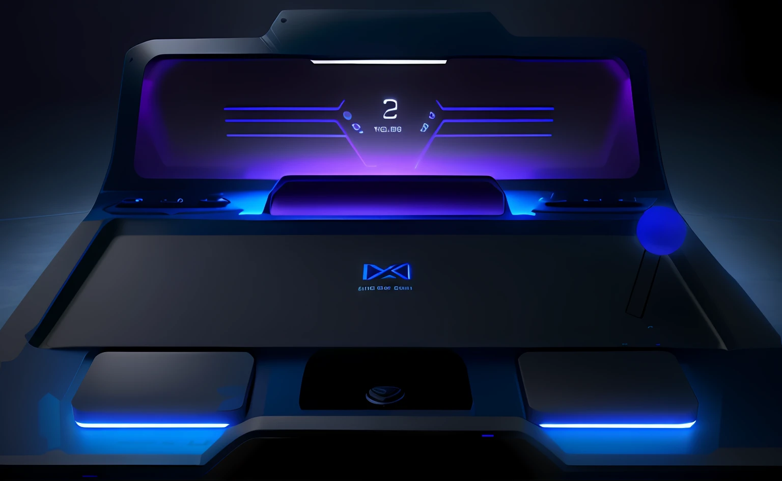 A console-like console, technological, dark blue combined with dark purple, a whole LCD screen above the console, (three large buttons: 1.2) and (a joystick: 1.2), realism, game CG, front view, soft light, 3D CG, C4D, octane, behance, extremely high quality images, 8k,