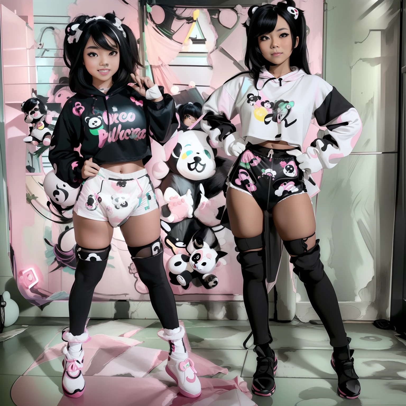 (aesthetic, high quality, ultra detailed CG), a blushing Asian girl, cute, short black hair, big cute eyes, "black and white panda theme hoodie", wearing a diaper, black thigh high socks and mary jane shoes, a full body portrait, standing up pose, casual dynamic pose, high key lighting, pastel colors, anime-style, light green bright background.