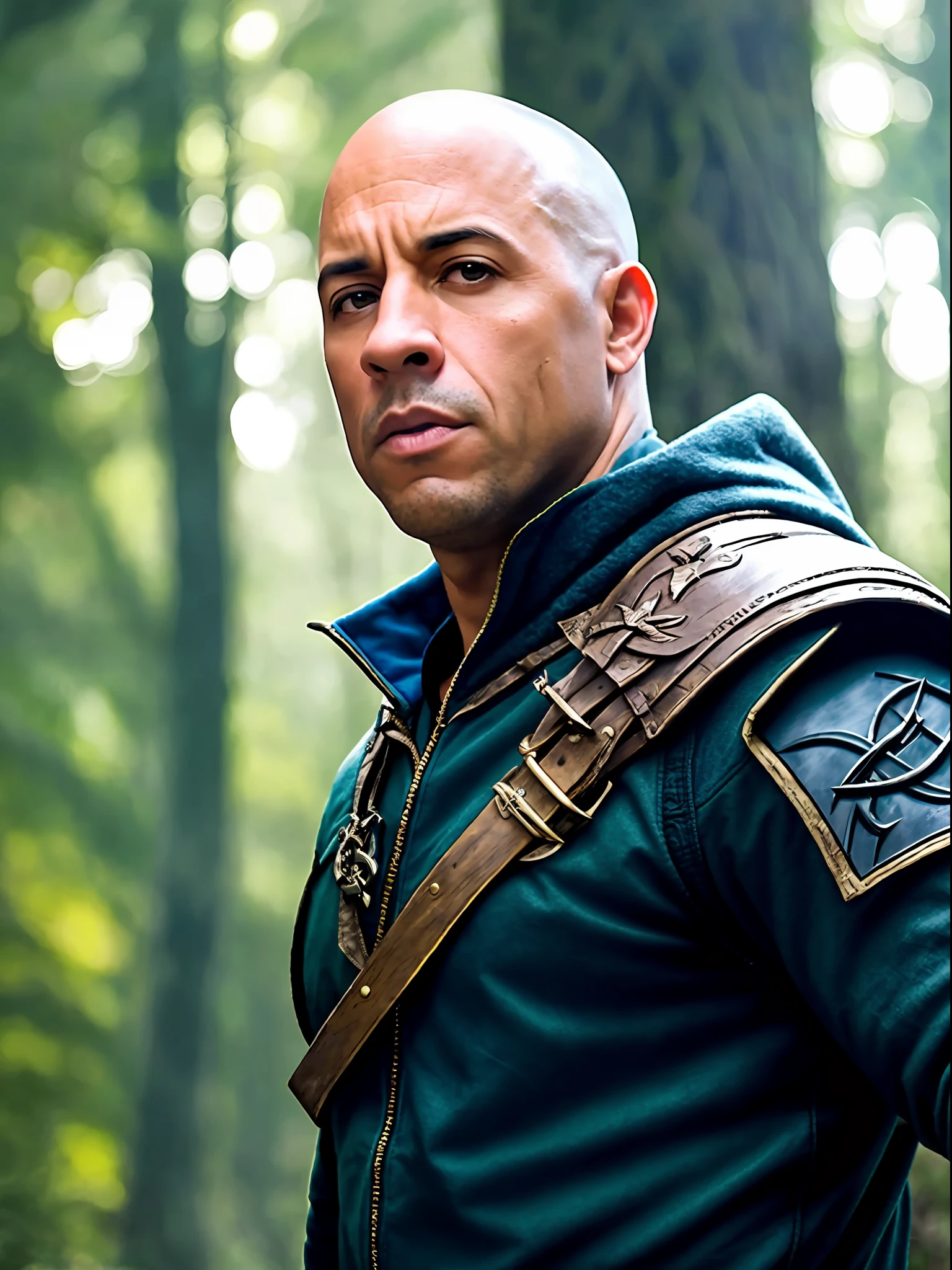 Arafed The Man in the Green Jacket in the Woods, Vin Diesel, Hero, Epic Fantasy as a Medieval Fantasy Character, Portrait of Fin the Wild Cloak, Dwayne Johnson as Harry Potter, Dominic Toretto, Fantasy Character Photo, Ronaldo Nazario, Profile Shot, Epic Fantasy D&D Hobbit Rogue