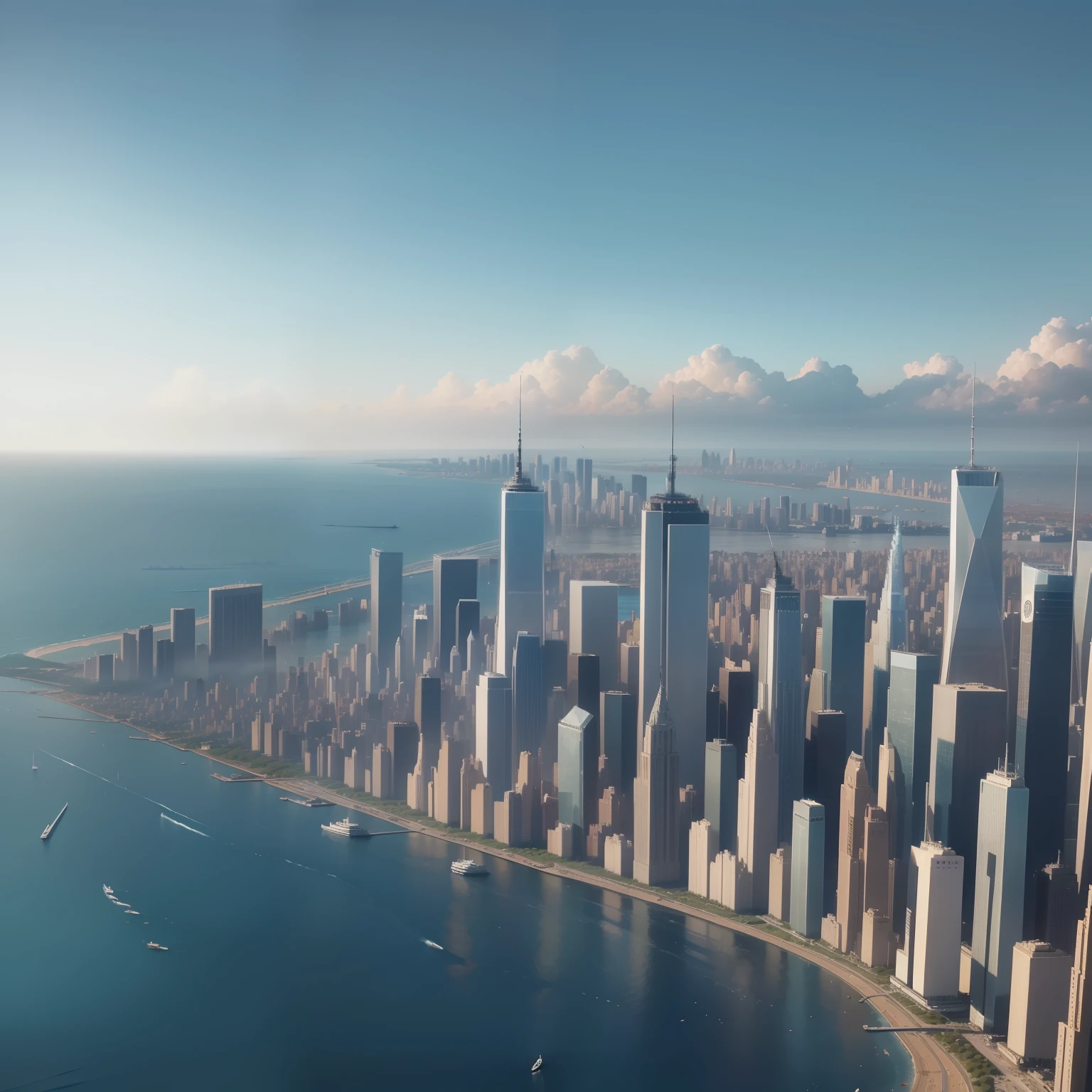 (megacity) (similar to New York) (day) (view from afar) (city overlooking the ocean) satropolis
