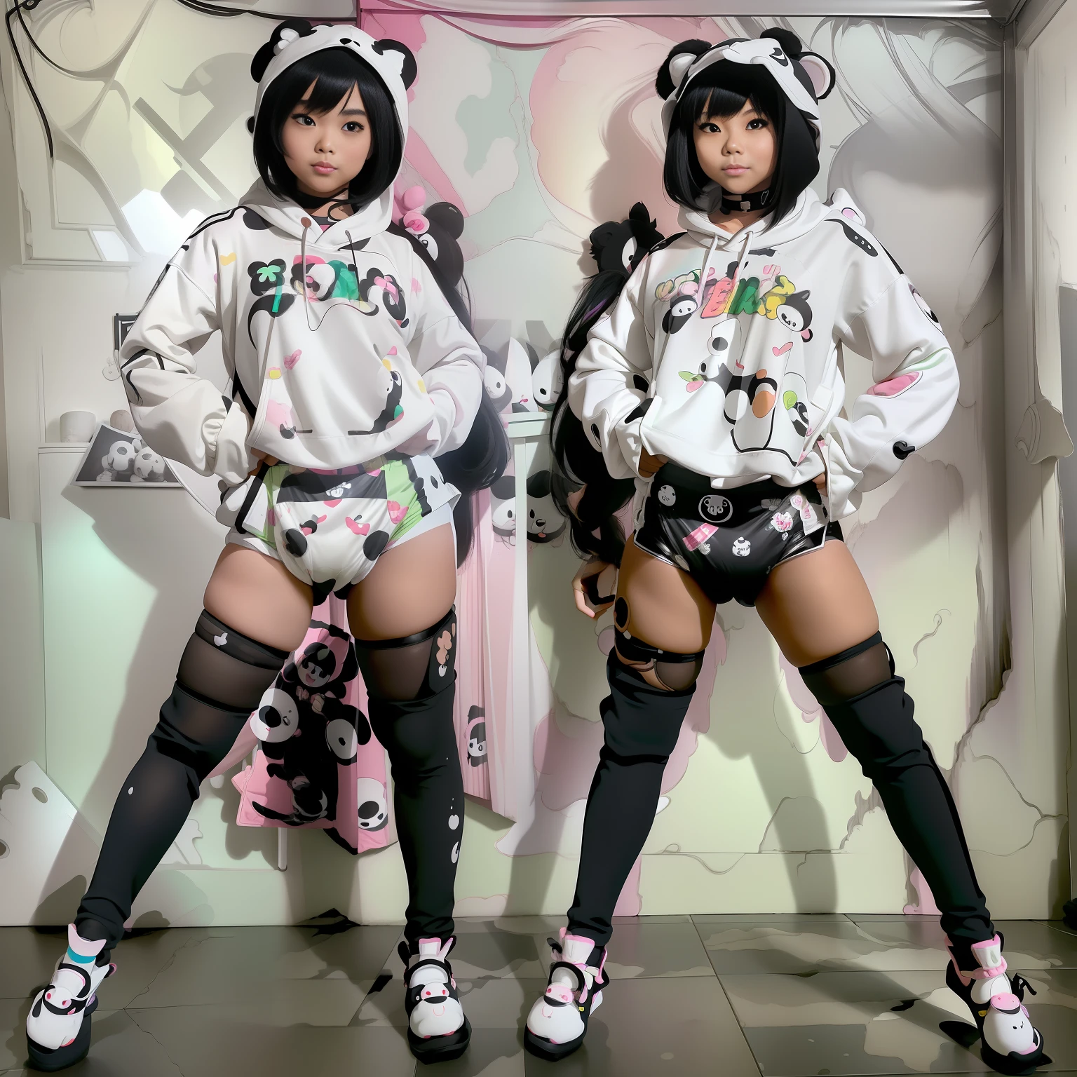(aesthetic, high quality, ultra detailed CG), a blushing Asian girl, cute, short black hair, big cute eyes, "black and white panda theme hoodie", wearing a diaper, black thigh high socks and mary jane shoes, a full body portrait, standing up pose, casual dynamic pose, high key lighting, pastel colors, anime-style, light green bright background.