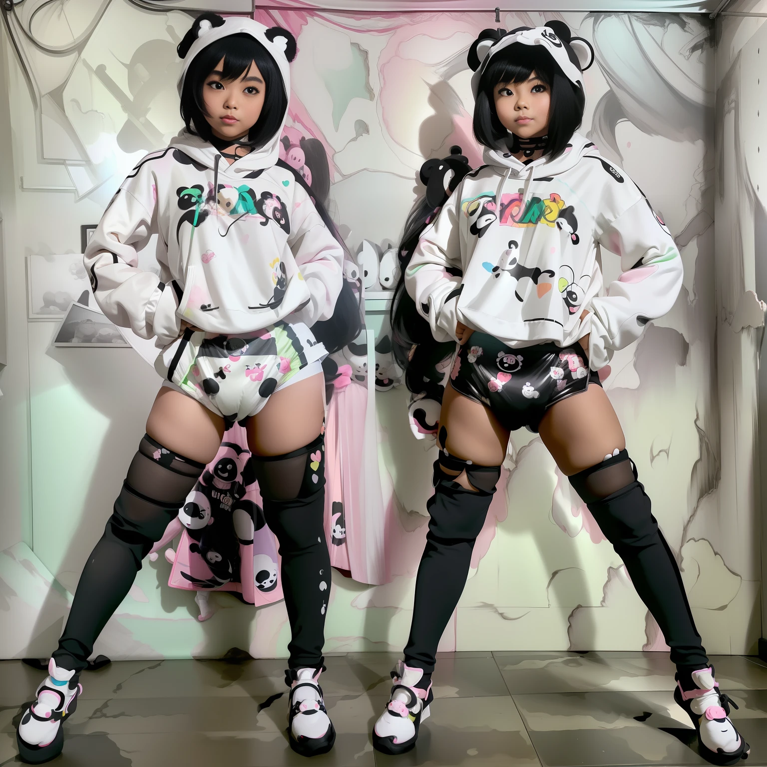 (aesthetic, high quality, ultra detailed CG), a blushing Asian girl, cute, short black hair, big cute eyes, "black and white panda theme hoodie", wearing a diaper, black thigh high socks and mary jane shoes, a full body portrait, standing up pose, casual dynamic pose, high key lighting, pastel colors, anime-style, light green bright background.