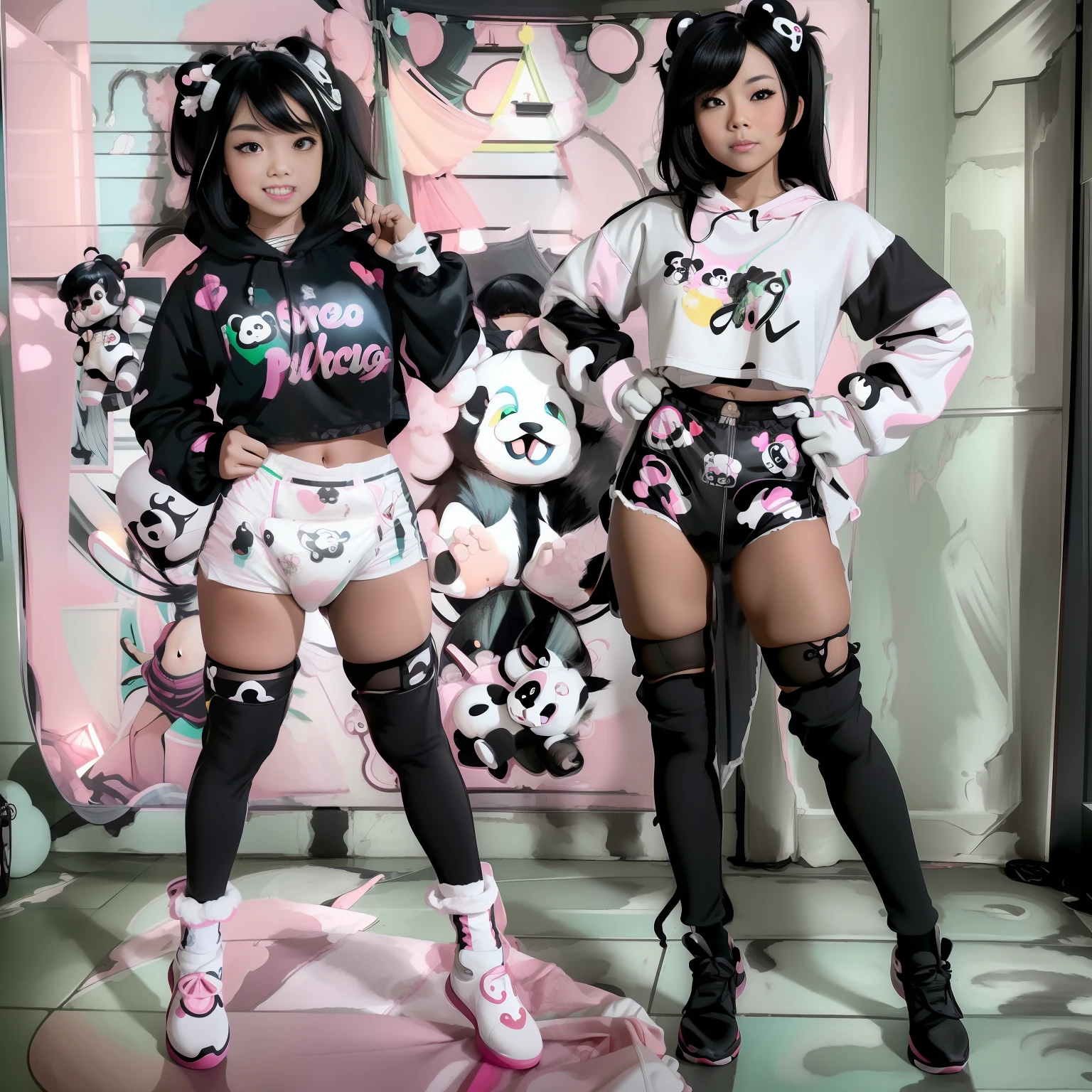 (aesthetic, high quality, ultra detailed CG), a blushing Asian girl, cute, short black hair, big cute eyes, "black and white panda theme hoodie", wearing a diaper, black thigh high socks and mary jane shoes, a full body portrait, standing up pose, casual dynamic pose, high key lighting, pastel colors, anime-style, light green bright background.