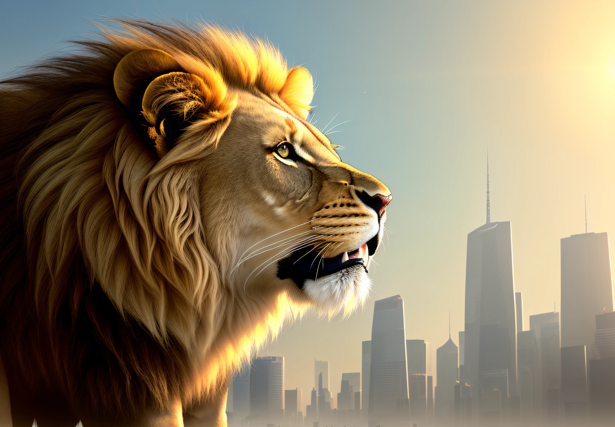 The lion is a magnificent creature, imposing and majestic in its appearance. Its body is giant, muscular and slender, with golden hair that glows in a realistic texture. The lion's mane is in the wind, adding a touch of dynamics and movement to his figure. In the background, a futuristic fantasy world stretches into the distance, with impressive buildings and architectural structures. The lights shine brightly in the city, creating a dazzling contrast to the golden coat of the lion. The futuristic world is detailed and realistic, with maximum quality in every pixel. The lion is in profile, staring at the horizon with a fierce and determined gaze. Their paws are strong and muscular, ready to attack or defend their territory. His mouth is half-open, revealing sharp teeth and a deafening roar that echoes throughout the futuristic city. Despite its fierce appearance, the lion is not an aggressive creature by nature. He is noble and loyal, protecting his band with fierce determination. His presence is imposing and respected, representing courage, nobility and wisdom. The futuristic world in the background adds a touch of mystery and wonder to the image. The city is a marvel of technology and design, with impressive architectural structures and bright lights that create a fantastic environment. It's a world that's both intriguing and inspiring. The image is of high quality, with an attention to detail that is impressive. Every lion's fur is sharp, and every building and structure in the city is detailed and realistic. The image is a masterpiece of digital art, displaying the beauty and majesty of the natural world and the creative world of the human imagination.