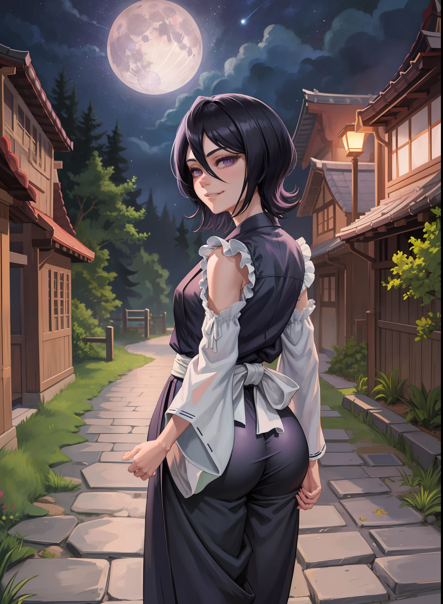 anime screen, night sky, moon, forest, path, 1girl, solo, short hair, black hair, purple eyes, japanese clothes, looking at the viewer, black kimono, hair between eyes, cowboy shot, wide sleeves, hakama pants, white_sash, back, closed mouth, grin, walk, look around, wide hips, big ass