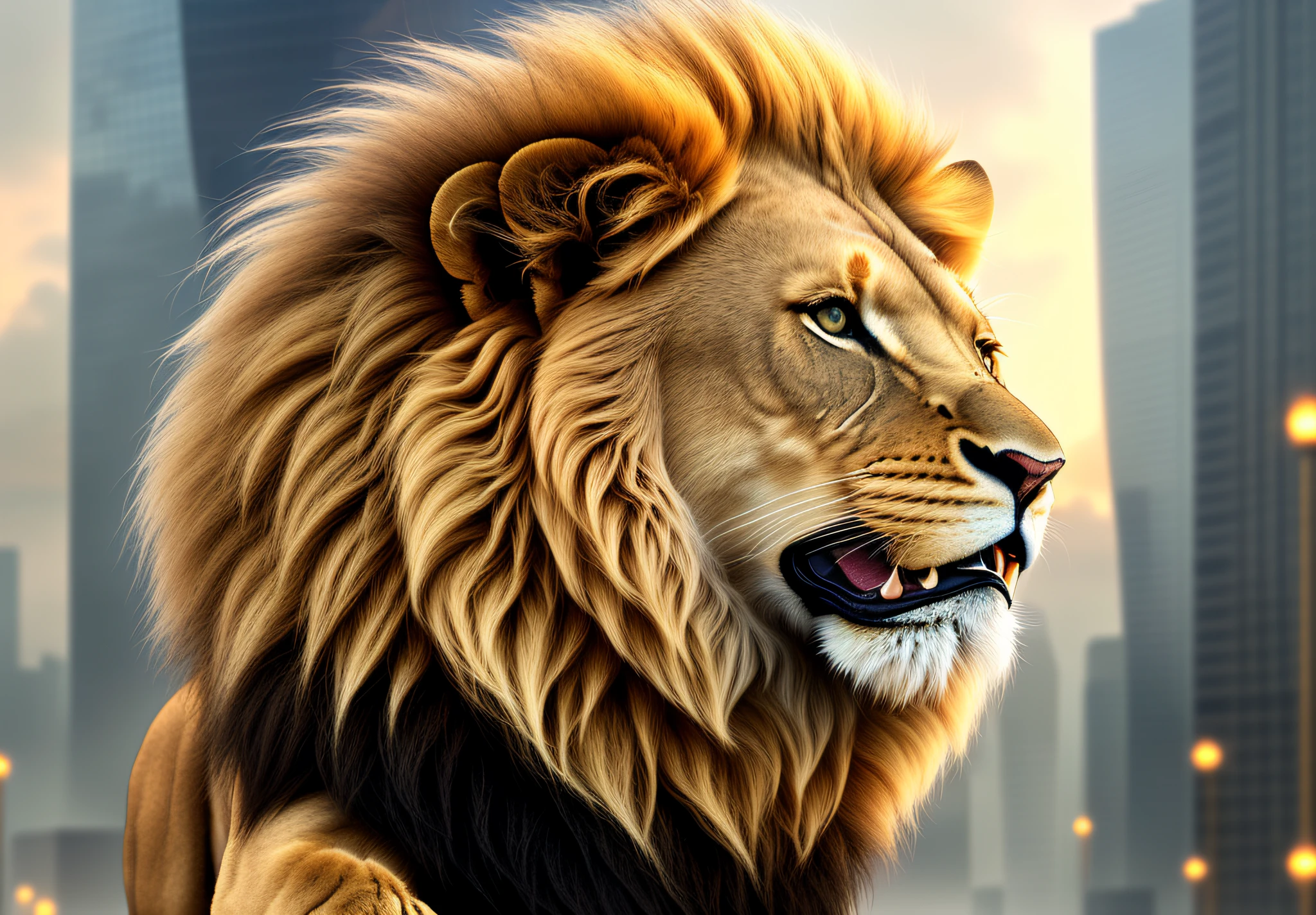 The lion is a magnificent creature, imposing and majestic in its appearance. Its body is giant, muscular and slender, with golden hair that glows in a realistic texture. The lion's mane is in the wind, adding a touch of dynamics and movement to his figure. In the background, a futuristic fantasy world stretches into the distance, with impressive buildings and architectural structures. The lights shine brightly in the city, creating a dazzling contrast to the golden coat of the lion. The futuristic world is detailed and realistic, with maximum quality in every pixel. The lion is in profile, staring at the horizon with a fierce and determined gaze. Their paws are strong and muscular, ready to attack or defend their territory. His mouth is half-open, revealing sharp teeth and a deafening roar that echoes throughout the futuristic city. Despite its fierce appearance, the lion is not an aggressive creature by nature. He is noble and loyal, protecting his band with fierce determination. His presence is imposing and respected, representing courage, nobility and wisdom. The futuristic world in the background adds a touch of mystery and wonder to the image. The city is a marvel of technology and design, with impressive architectural structures and bright lights that create a fantastic environment. It's a world that's both intriguing and inspiring. The image is of high quality, with an attention to detail that is impressive. Every lion's fur is sharp, and every building and structure in the city is detailed and realistic. The image is a masterpiece of digital art, displaying the beauty and majesty of the natural world and the creative world of the human imagination.