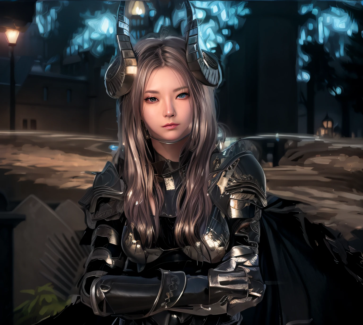 , ulzzang-6500-v1.1, InquisitorClaire, InquisitorClaire\(full armor\), 8k, (masterpiece), (best quality), ultra high resolution, extreme_detail, (photorealistic: 1.4), realistic, 1 girl, solo, lips, braid, shiny white hair, earrings, jewelry, blue eyes, armor, shoulder armor, large shoulder armor, body armor, black cloak, facing the viewer, upper body, ((night)), ((castle background)), depth of field,