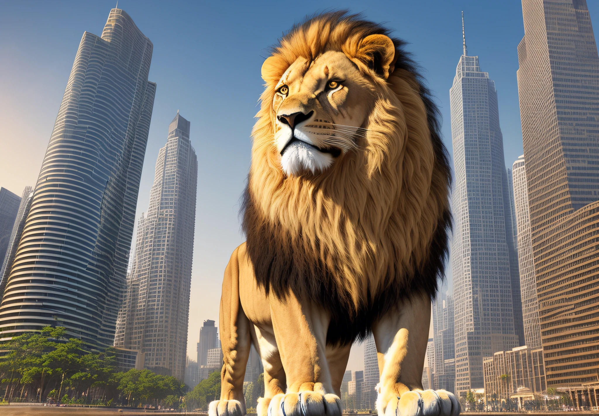 The lion is a magnificent creature, imposing and majestic in its appearance. Its body is giant, muscular and slender, with golden hair that glows in a realistic texture. The lion's mane is in the wind, adding a touch of dynamics and movement to his figure. In the background, a futuristic fantasy world stretches into the distance, with impressive buildings and architectural structures. The lights shine brightly in the city, creating a dazzling contrast to the golden coat of the lion. The futuristic world is detailed and realistic, with maximum quality in every pixel. The lion is in profile, staring at the horizon with a fierce and determined gaze. Their paws are strong and muscular, ready to attack or defend their territory. His mouth is half-open, revealing sharp teeth and a deafening roar that echoes throughout the futuristic city. Despite its fierce appearance, the lion is not an aggressive creature by nature. He is noble and loyal, protecting his band with fierce determination. His presence is imposing and respected, representing courage, nobility and wisdom. The futuristic world in the background adds a touch of mystery and wonder to the image. The city is a marvel of technology and design, with impressive architectural structures and bright lights that create a fantastic environment. It's a world that's both intriguing and inspiring. The image is of high quality, with an attention to detail that is impressive. Every lion's fur is sharp, and every building and structure in the city is detailed and realistic. The image is a masterpiece of digital art, displaying the beauty and majesty of the natural world and the creative world of the human imagination.