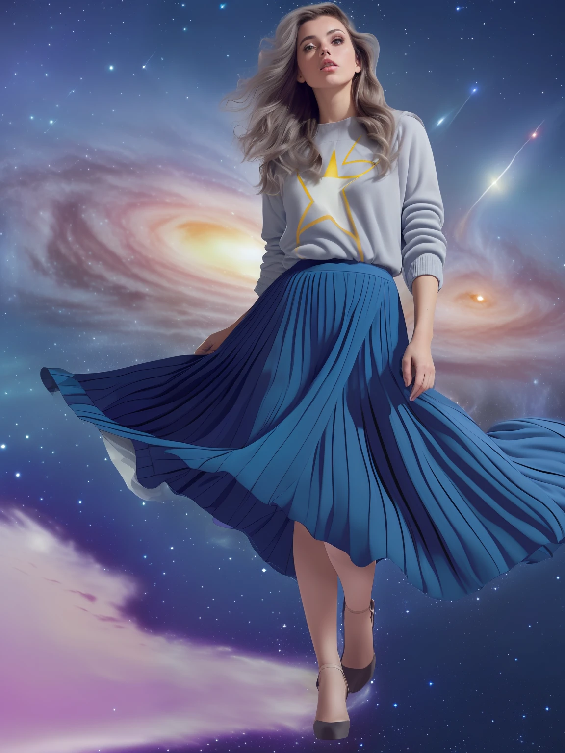 arafed image of a woman in a blue skirt and a gray sweater, galactic sized goddess, dressed in stars and planets, girl in space, in a galaxy, her hair is the milky way, “ femme on a galactic shore, wearing a dress made of stars, on a galaxy looking background, powerful woman sitting in space, astral dress, girl looks at the space