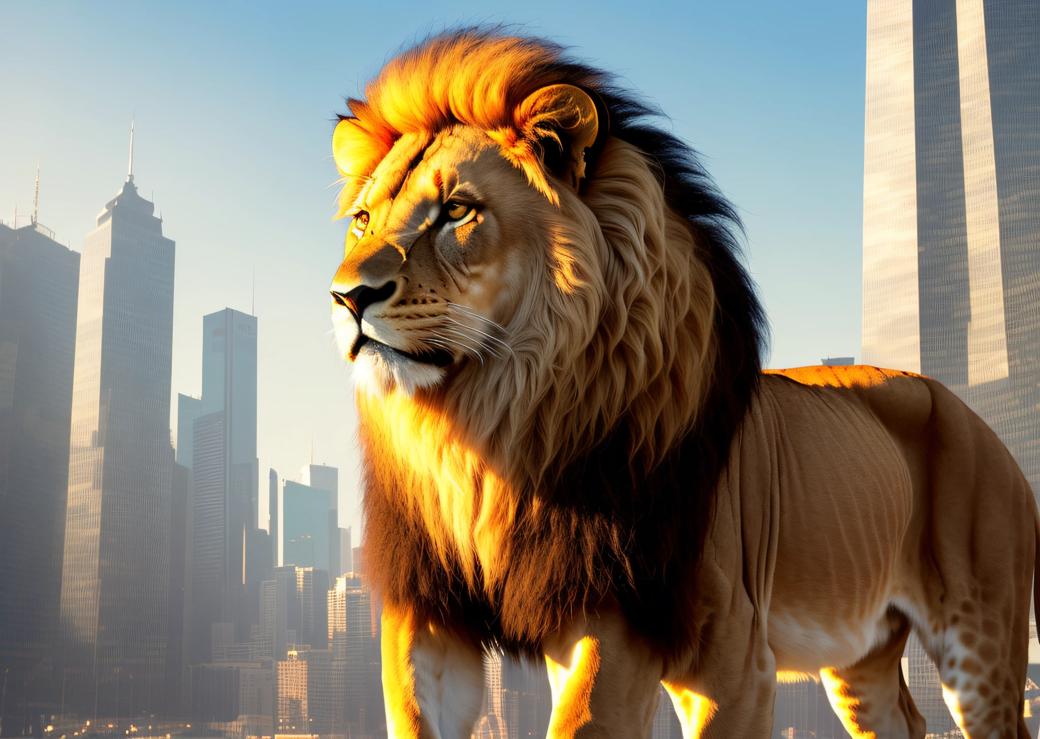 The lion is a magnificent creature, imposing and majestic in its appearance. Its body is giant, muscular and slender, with golden hair that glows in a realistic texture. The lion's mane is in the wind, adding a touch of dynamics and movement to his figure. In the background, a futuristic fantasy world stretches into the distance, with impressive buildings and architectural structures. The lights shine brightly in the city, creating a dazzling contrast to the golden coat of the lion. The futuristic world is detailed and realistic, with maximum quality in every pixel. The lion is in profile, staring at the horizon with a fierce and determined gaze. Their paws are strong and muscular, ready to attack or defend their territory. His mouth is half-open, revealing sharp teeth and a deafening roar that echoes throughout the futuristic city. Despite its fierce appearance, the lion is not an aggressive creature by nature. He is noble and loyal, protecting his band with fierce determination. His presence is imposing and respected, representing courage, nobility and wisdom. The futuristic world in the background adds a touch of mystery and wonder to the image. The city is a marvel of technology and design, with impressive architectural structures and bright lights that create a fantastic environment. It's a world that's both intriguing and inspiring. The image is of high quality, with an attention to detail that is impressive. Every lion's fur is sharp, and every building and structure in the city is detailed and realistic. The image is a masterpiece of digital art, displaying the beauty and majesty of the natural world and the creative world of the human imagination.