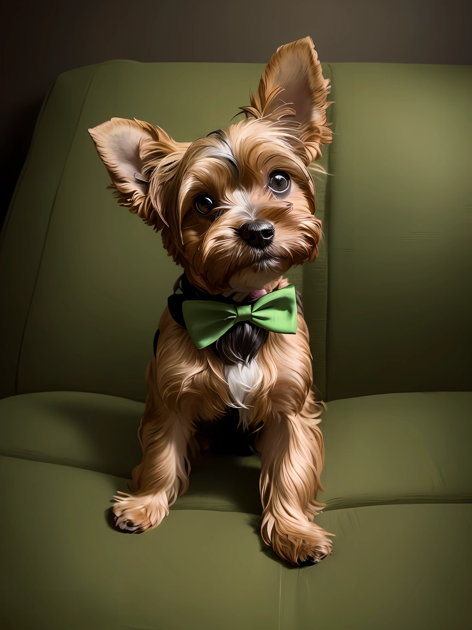 there is a small dog sitting on a couch with a bow tie, green suit and bowtie, yorkshire terrier, he looks very sophisticated, bowtie, bow tie, a handsome, looking heckin cool and stylish, looking straight to camera, looking straight to the camera, looking off to the side, zoomed out, very handsome, extremely handsome
