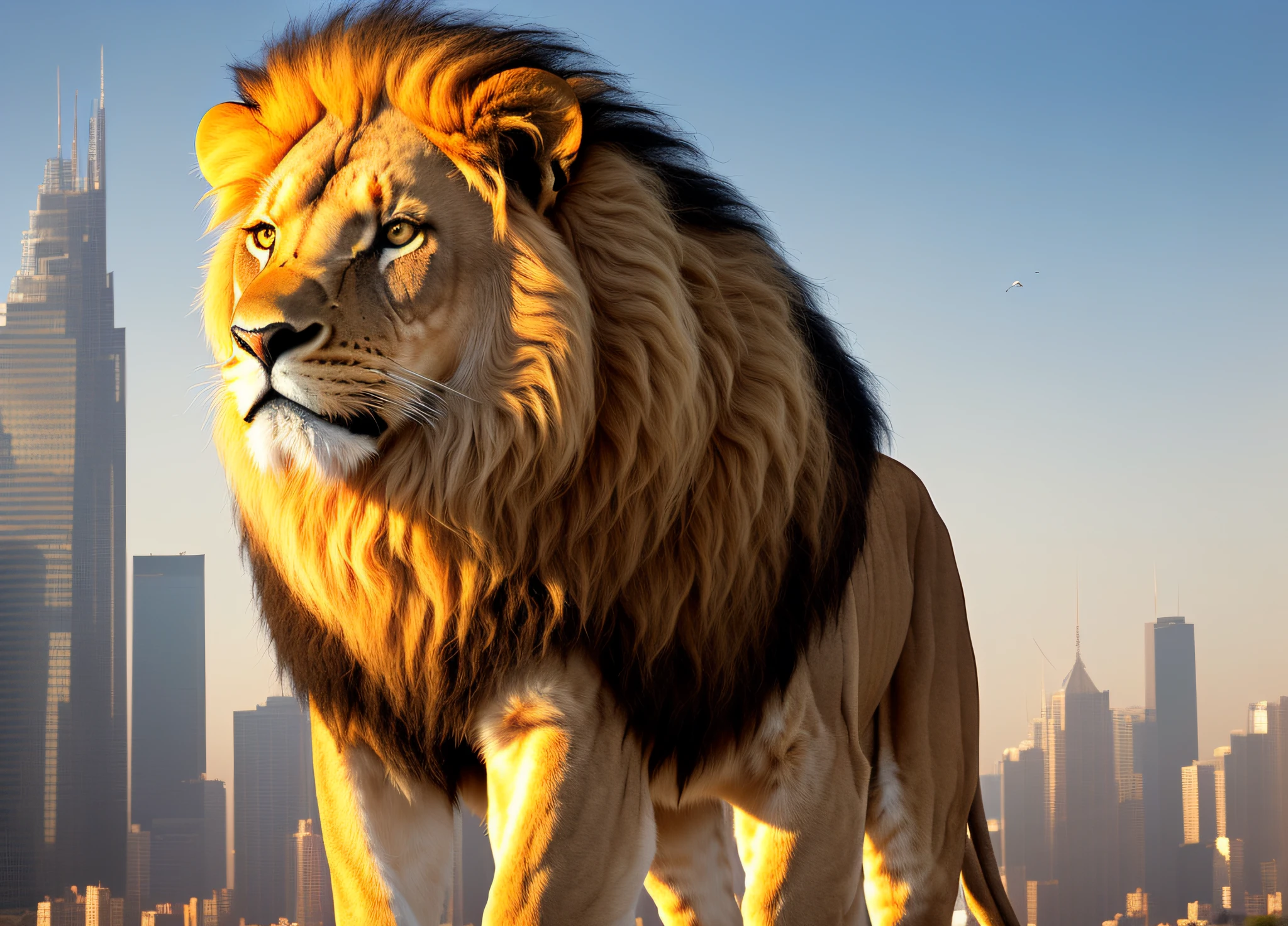 The lion is a magnificent creature, imposing and majestic in its appearance. Its body is giant, muscular and slender, with golden hair that glows in a realistic texture. The lion's mane is in the wind, adding a touch of dynamics and movement to his figure. In the background, a futuristic fantasy world stretches into the distance, with impressive buildings and architectural structures. The lights shine brightly in the city, creating a dazzling contrast to the golden coat of the lion. The futuristic world is detailed and realistic, with maximum quality in every pixel. The lion is in profile, staring at the horizon with a fierce and determined gaze. Their paws are strong and muscular, ready to attack or defend their territory. His mouth is half-open, revealing sharp teeth and a deafening roar that echoes throughout the futuristic city. Despite its fierce appearance, the lion is not an aggressive creature by nature. He is noble and loyal, protecting his band with fierce determination. His presence is imposing and respected, representing courage, nobility and wisdom. The futuristic world in the background adds a touch of mystery and wonder to the image. The city is a marvel of technology and design, with impressive architectural structures and bright lights that create a fantastic environment. It's a world that's both intriguing and inspiring. The image is of high quality, with an attention to detail that is impressive. Every lion's fur is sharp, and every building and structure in the city is detailed and realistic. The image is a masterpiece of digital art, displaying the beauty and majesty of the natural world and the creative world of the human imagination.