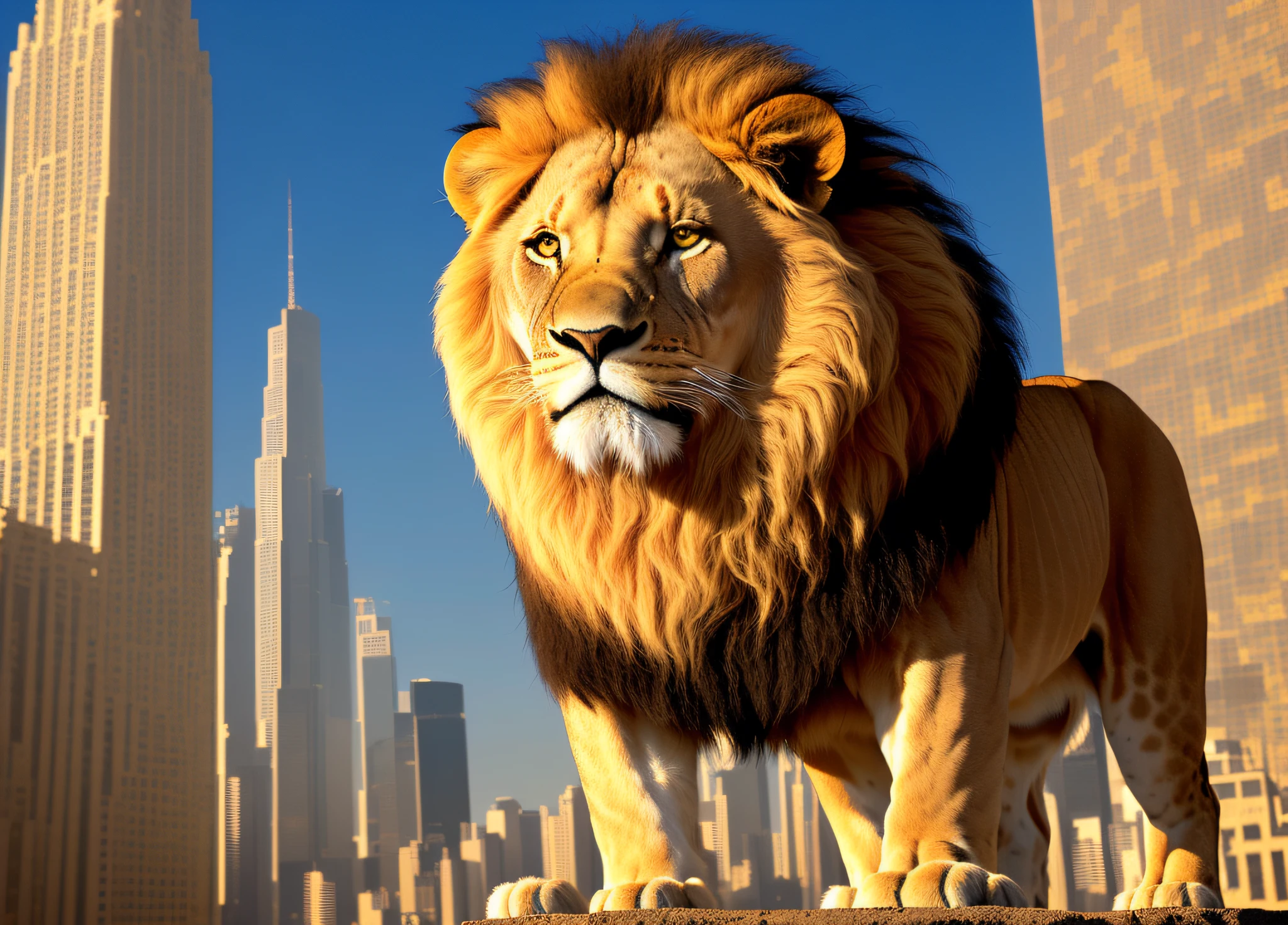 The lion is a magnificent creature, imposing and majestic in its appearance. Its body is giant, muscular and slender, with golden hair that glows in a realistic texture. The lion's mane is in the wind, adding a touch of dynamics and movement to his figure. In the background, a futuristic fantasy world stretches into the distance, with impressive buildings and architectural structures. The lights shine brightly in the city, creating a dazzling contrast to the golden coat of the lion. The futuristic world is detailed and realistic, with maximum quality in every pixel. The lion is in profile, staring at the horizon with a fierce and determined gaze. Their paws are strong and muscular, ready to attack or defend their territory. His mouth is half-open, revealing sharp teeth and a deafening roar that echoes throughout the futuristic city. Despite its fierce appearance, the lion is not an aggressive creature by nature. He is noble and loyal, protecting his band with fierce determination. His presence is imposing and respected, representing courage, nobility and wisdom. The futuristic world in the background adds a touch of mystery and wonder to the image. The city is a marvel of technology and design, with impressive architectural structures and bright lights that create a fantastic environment. It's a world that's both intriguing and inspiring. The image is of high quality, with an attention to detail that is impressive. Every lion's fur is sharp, and every building and structure in the city is detailed and realistic. The image is a masterpiece of digital art, displaying the beauty and majesty of the natural world and the creative world of the human imagination.