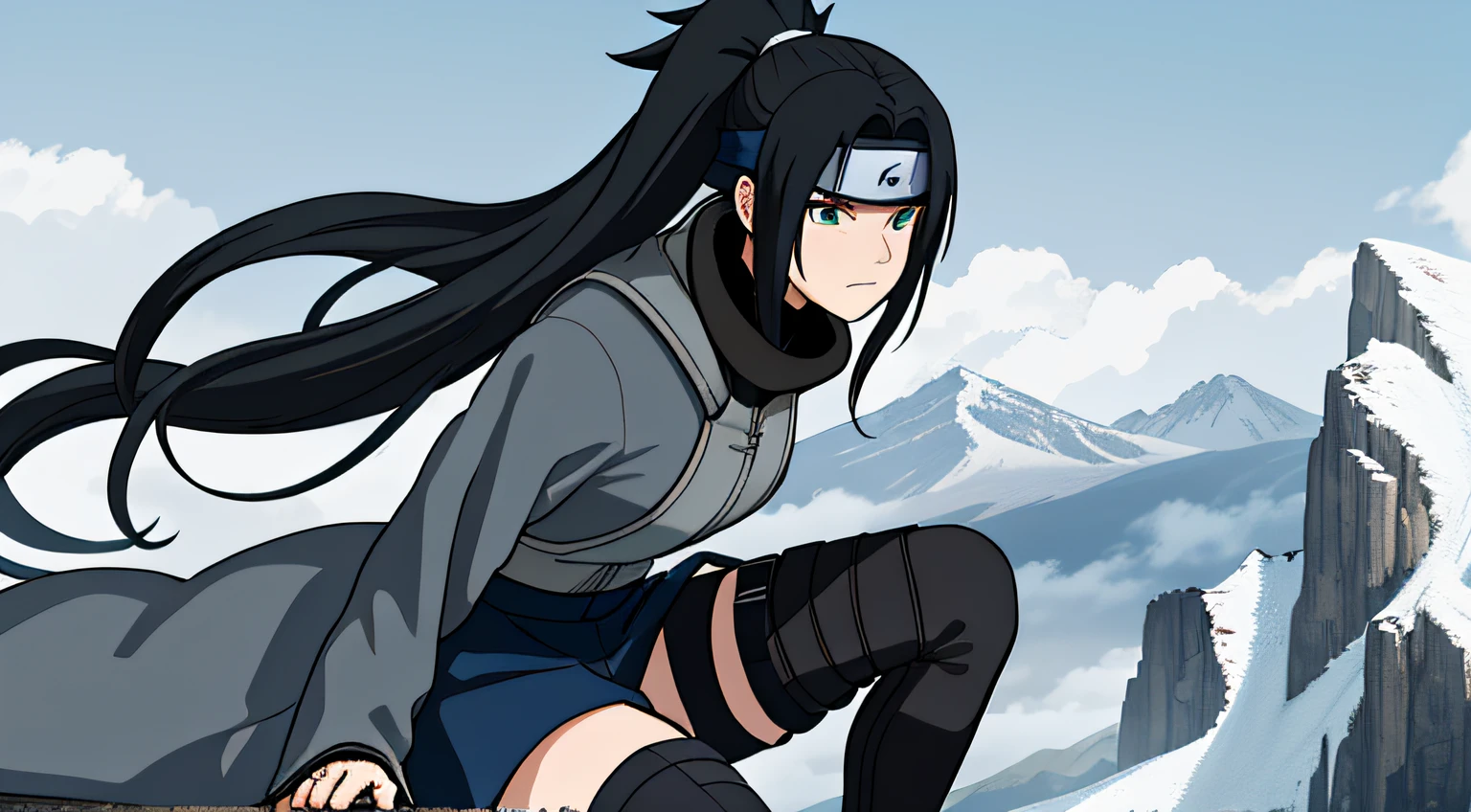 best quality, extremely detailed, 1girl, shinobi, kunoichi, shinobi, ninja, female focus, sitting perched atop a building, (dynamic angle, dynamic composition) black_hair, extremely long hair, ponytail, green_eyes, grey short coat with fur collar, fishnet undergarments, black crop top, ((forehead protector)) ((village)), surrounded by mountains, blue sky, clouds