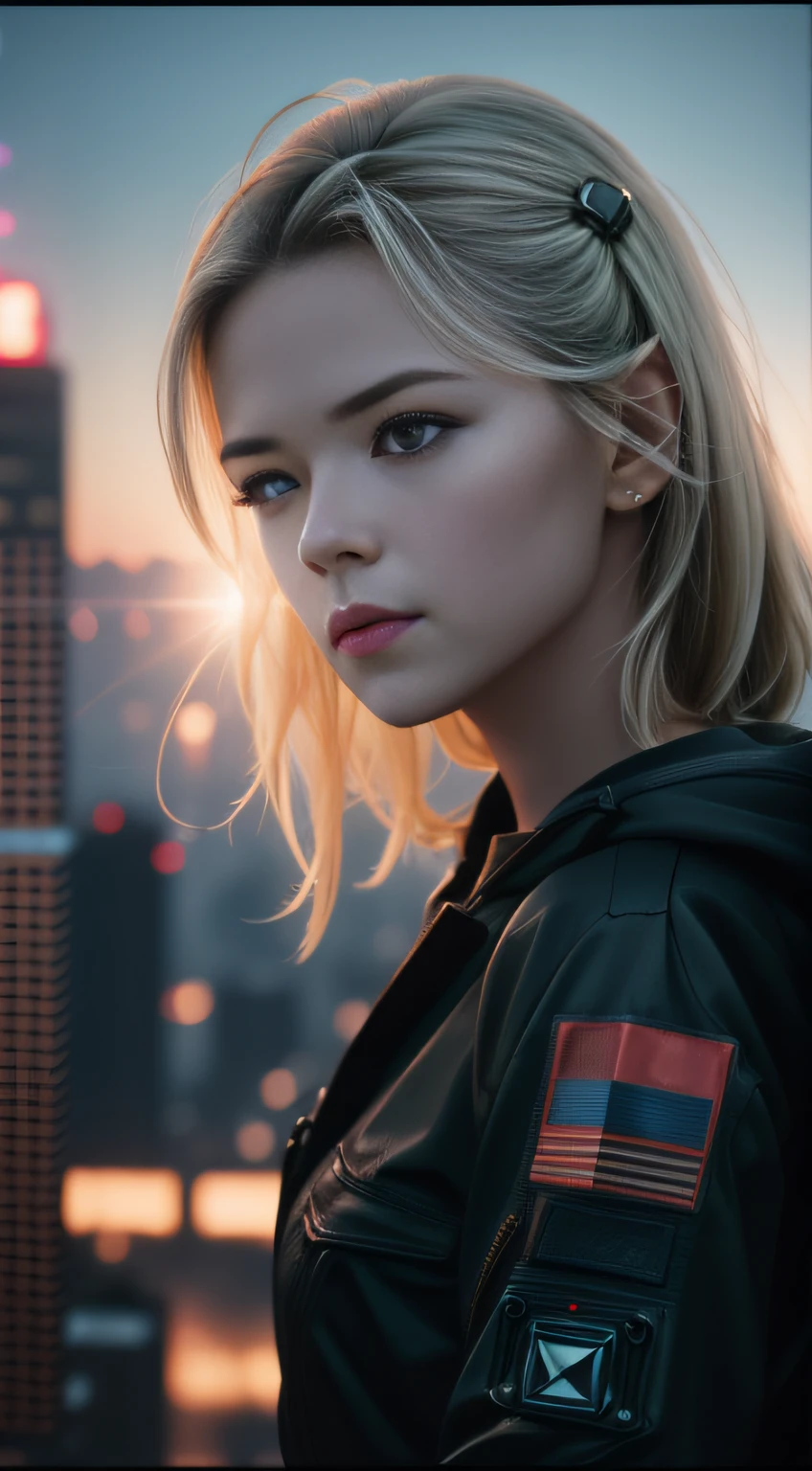 Dystopian, High Detail RAW color Photo, Full Shot, (cute female), standing on an overlook, looking out at sprawling cyberpunk city skyline, perfect face, (highly detailed, fine details, intricate), (lens flare:0. 5), (bloom:0. 5), raytracing, specular lighting, shallow depth of field, 200mm lens, hard focus, smooth, cinematic film still