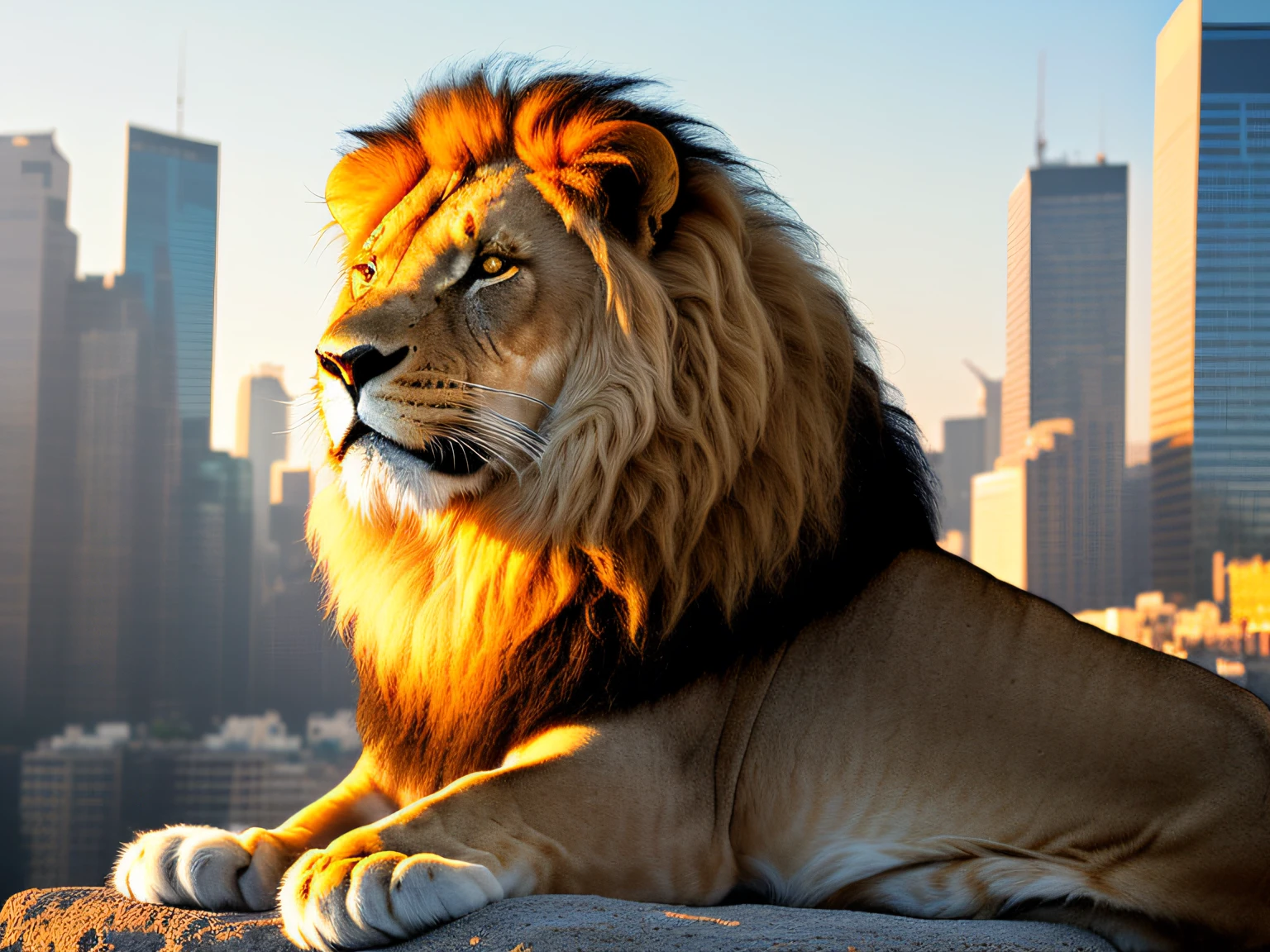 The lion is a magnificent creature, imposing and majestic in its appearance. Its body is giant, muscular and slender, with golden hair that glows in a realistic texture. The lion's mane is in the wind, adding a touch of dynamics and movement to his figure. In the background, a futuristic fantasy world stretches into the distance, with impressive buildings and architectural structures. The lights shine brightly in the city, creating a dazzling contrast to the golden coat of the lion. The futuristic world is detailed and realistic, with maximum quality in every pixel. The lion is in profile, staring at the horizon with a fierce and determined gaze. Their paws are strong and muscular, ready to attack or defend their territory. His mouth is half-open, revealing sharp teeth and a deafening roar that echoes throughout the futuristic city. Despite its fierce appearance, the lion is not an aggressive creature by nature. He is noble and loyal, protecting his band with fierce determination. His presence is imposing and respected, representing courage, nobility and wisdom. The futuristic world in the background adds a touch of mystery and wonder to the image. The city is a marvel of technology and design, with impressive architectural structures and bright lights that create a fantastic environment. It's a world that's both intriguing and inspiring. The image is of high quality, with an attention to detail that is impressive. Every lion's fur is sharp, and every building and structure in the city is detailed and realistic. The image is a masterpiece of digital art, displaying the beauty and majesty of the natural world and the creative world of the human imagination.