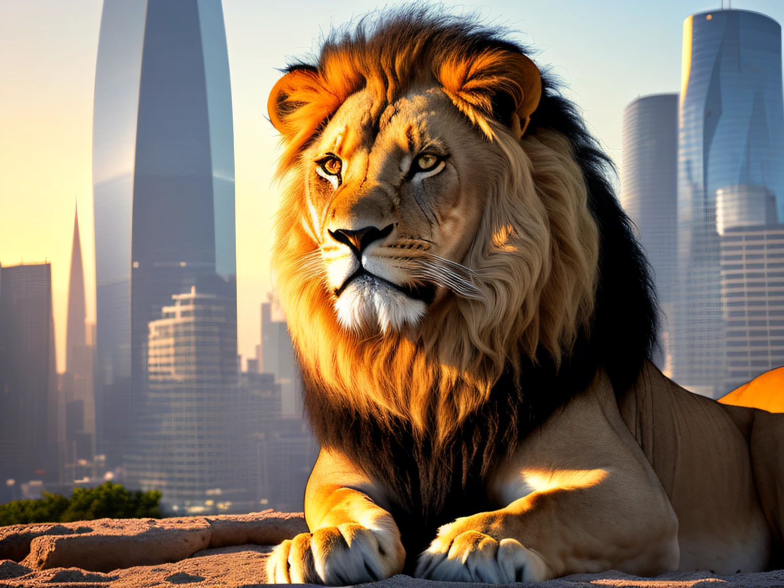 The lion is a magnificent creature, imposing and majestic in its appearance. Its body is giant, muscular and slender, with golden hair that glows in a realistic texture. The lion's mane is in the wind, adding a touch of dynamics and movement to his figure. In the background, a futuristic fantasy world stretches into the distance, with impressive buildings and architectural structures. The lights shine brightly in the city, creating a dazzling contrast to the golden coat of the lion. The futuristic world is detailed and realistic, with maximum quality in every pixel. The lion is in profile, staring at the horizon with a fierce and determined gaze. Their paws are strong and muscular, ready to attack or defend their territory. His mouth is half-open, revealing sharp teeth and a deafening roar that echoes throughout the futuristic city. Despite its fierce appearance, the lion is not an aggressive creature by nature. He is noble and loyal, protecting his band with fierce determination. His presence is imposing and respected, representing courage, nobility and wisdom. The futuristic world in the background adds a touch of mystery and wonder to the image. The city is a marvel of technology and design, with impressive architectural structures and bright lights that create a fantastic environment. It's a world that's both intriguing and inspiring. The image is of high quality, with an attention to detail that is impressive. Every lion's fur is sharp, and every building and structure in the city is detailed and realistic. The image is a masterpiece of digital art, displaying the beauty and majesty of the natural world and the creative world of the human imagination.