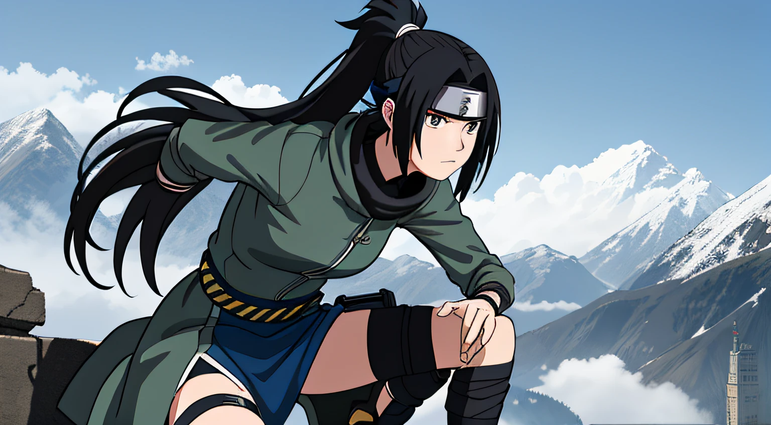 best quality, extremely detailed, 1girl, shinobi, kunoichi, shinobi, ninja, female focus, sitting perched atop a building, (dynamic angle, dynamic composition) black_hair, extremely long hair, ponytail, green_eyes, grey short coat with fur collar, fishnet undergarments, black crop top, ((forehead protector)) ((village)), surrounded by mountains,  blue sky, clouds