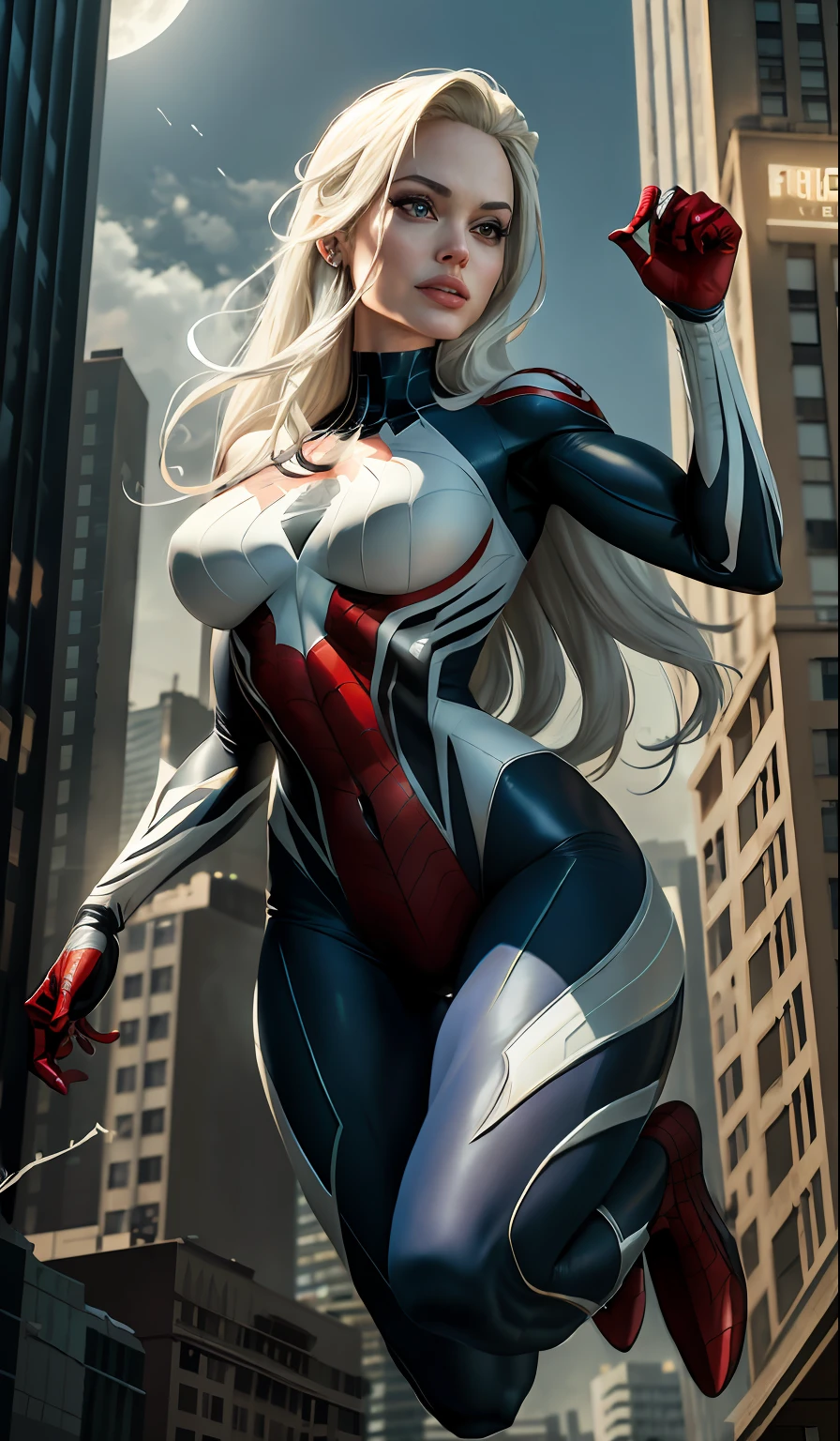 (Masterpiece, 4k resolution, ultra-realistic, very detailed), (White superhero theme, charismatic, there's Actress Angelina Jolie at the top of town, wearing Spider-Man costume, she's a superhero), [ (25 years), (long white hair:1.2), full body, (blue eyes:1.2), ((Spider-Man pose),show of strength, jumping from one building to another), ((sandy urban environment):0.8)| (cityscape, at night, dynamic lights), (full moon))] # Explanation: The Prompt mainly describes a 4K painting of ultra-high definition, very realistic, very detailed. It shows a superheroine at the top of the city, wearing a Spider-Man costume. The theme in the painting is a white superhero theme, the female protagonist has long white hair, is 25 years old and her entire body is shown in the painting. In terms of portraying the actions of superheroines, spiders are employed