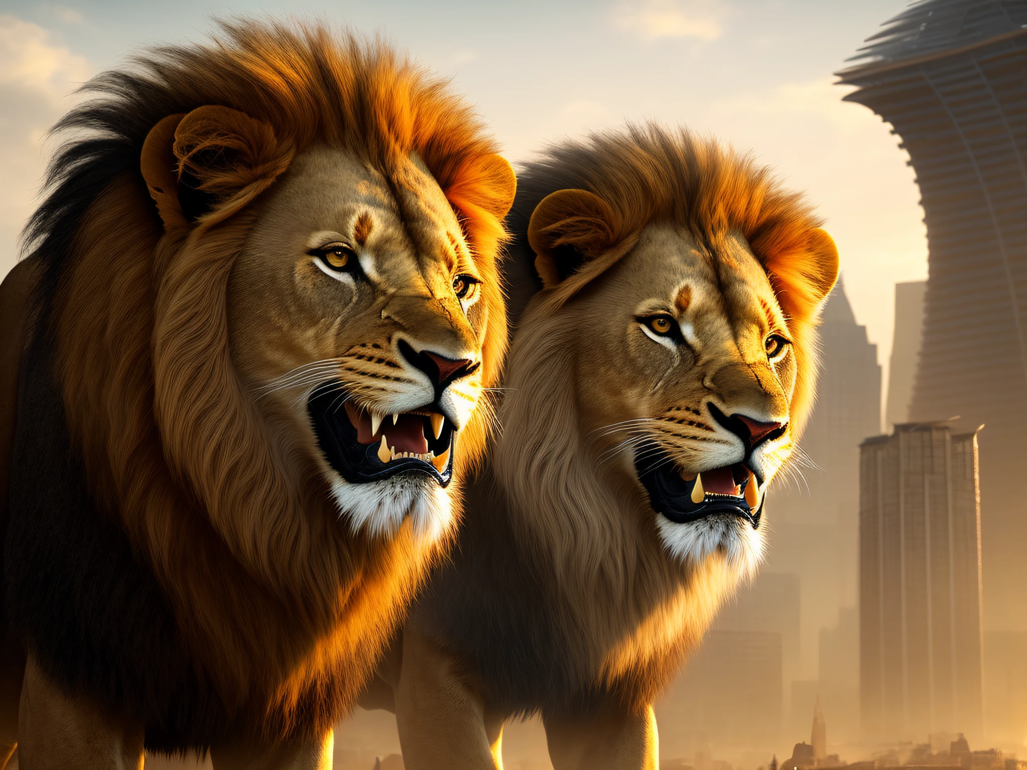 The lion is a magnificent creature, imposing and majestic in its appearance. Its body is giant, muscular and slender, with golden hair that glows in a realistic texture. The lion's mane is in the wind, adding a touch of dynamics and movement to his figure. In the background, a futuristic fantasy world stretches into the distance, with impressive buildings and architectural structures. The lights shine brightly in the city, creating a dazzling contrast to the golden coat of the lion. The futuristic world is detailed and realistic, with maximum quality in every pixel. The lion is in profile, staring at the horizon with a fierce and determined gaze. Their paws are strong and muscular, ready to attack or defend their territory. His mouth is half-open, revealing sharp teeth and a deafening roar that echoes throughout the futuristic city. Despite its fierce appearance, the lion is not an aggressive creature by nature. He is noble and loyal, protecting his band with fierce determination. His presence is imposing and respected, representing courage, nobility and wisdom. The futuristic world in the background adds a touch of mystery and wonder to the image. The city is a marvel of technology and design, with impressive architectural structures and bright lights that create a fantastic environment. It's a world that's both intriguing and inspiring. The image is of high quality, with an attention to detail that is impressive. Every lion's fur is sharp, and every building and structure in the city is detailed and realistic. The image is a masterpiece of digital art, displaying the beauty and majesty of the natural world and the creative world of the human imagination.