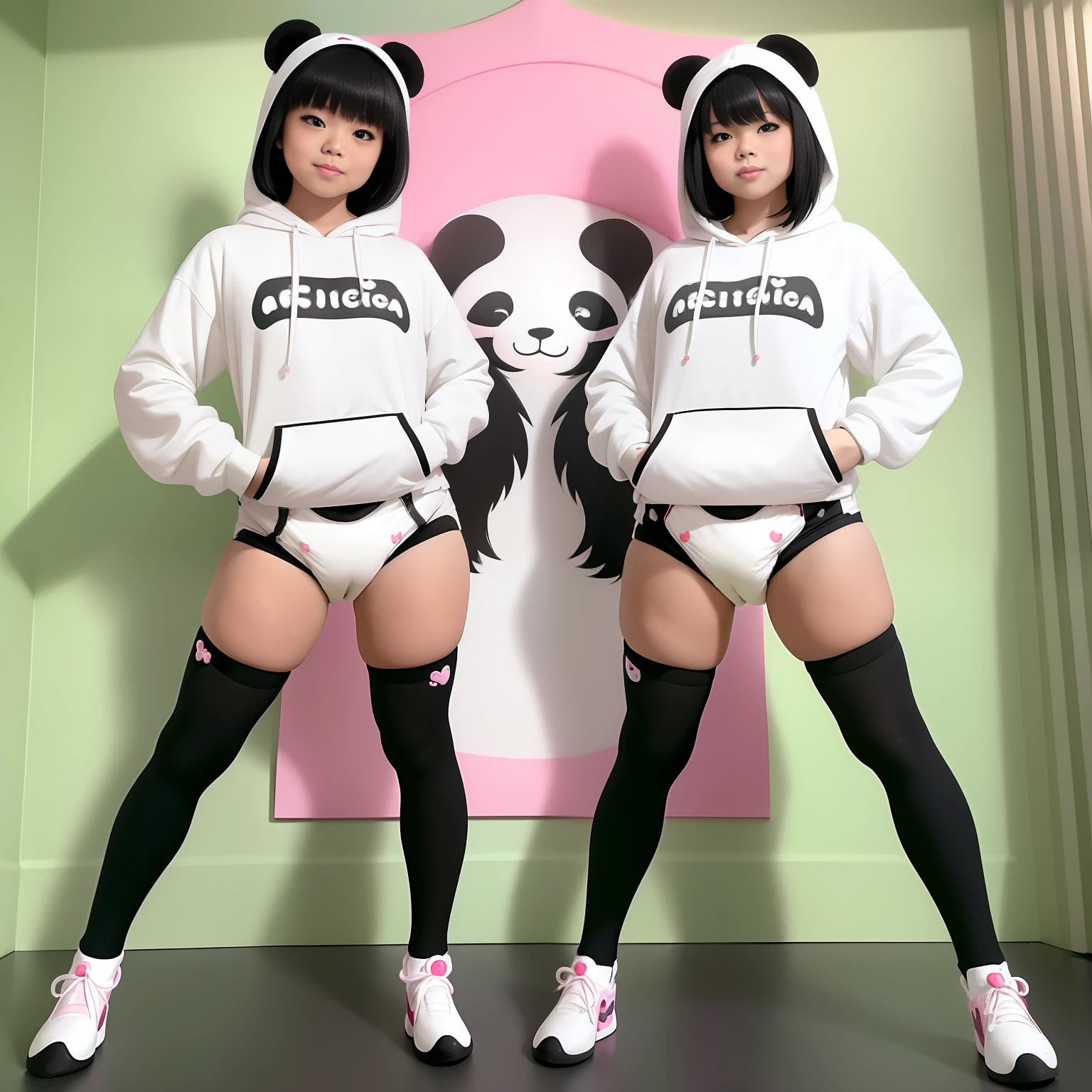 (aesthetic, high quality, ultra detailed CG), a blushing Asian girl, cute, short black hair, big cute eyes, "black and white panda theme hoodie", wearing a diaper, black thigh high socks and mary jane shoes, a full body portrait, standing up pose, casual dynamic pose, high key lighting, pastel colors, anime-style, light green bright background.