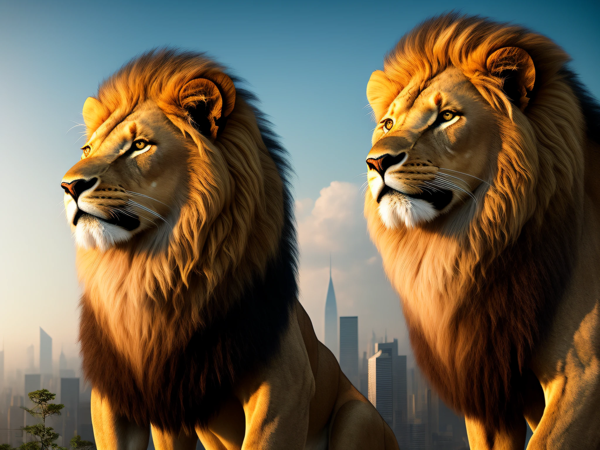 The lion is a magnificent creature, imposing and majestic in its appearance. Its body is giant, muscular and slender, with golden hair that glows in a realistic texture. The lion's mane is in the wind, adding a touch of dynamics and movement to his figure. In the background, a futuristic fantasy world stretches into the distance, with impressive buildings and architectural structures. The lights shine brightly in the city, creating a dazzling contrast to the golden coat of the lion. The futuristic world is detailed and realistic, with maximum quality in every pixel. The lion is in profile, staring at the horizon with a fierce and determined gaze. Their paws are strong and muscular, ready to attack or defend their territory. His mouth is half-open, revealing sharp teeth and a deafening roar that echoes throughout the futuristic city. Despite its fierce appearance, the lion is not an aggressive creature by nature. He is noble and loyal, protecting his band with fierce determination. His presence is imposing and respected, representing courage, nobility and wisdom. The futuristic world in the background adds a touch of mystery and wonder to the image. The city is a marvel of technology and design, with impressive architectural structures and bright lights that create a fantastic environment. It's a world that's both intriguing and inspiring. The image is of high quality, with an attention to detail that is impressive. Every lion's fur is sharp, and every building and structure in the city is detailed and realistic. The image is a masterpiece of digital art, displaying the beauty and majesty of the natural world and the creative world of the human imagination.