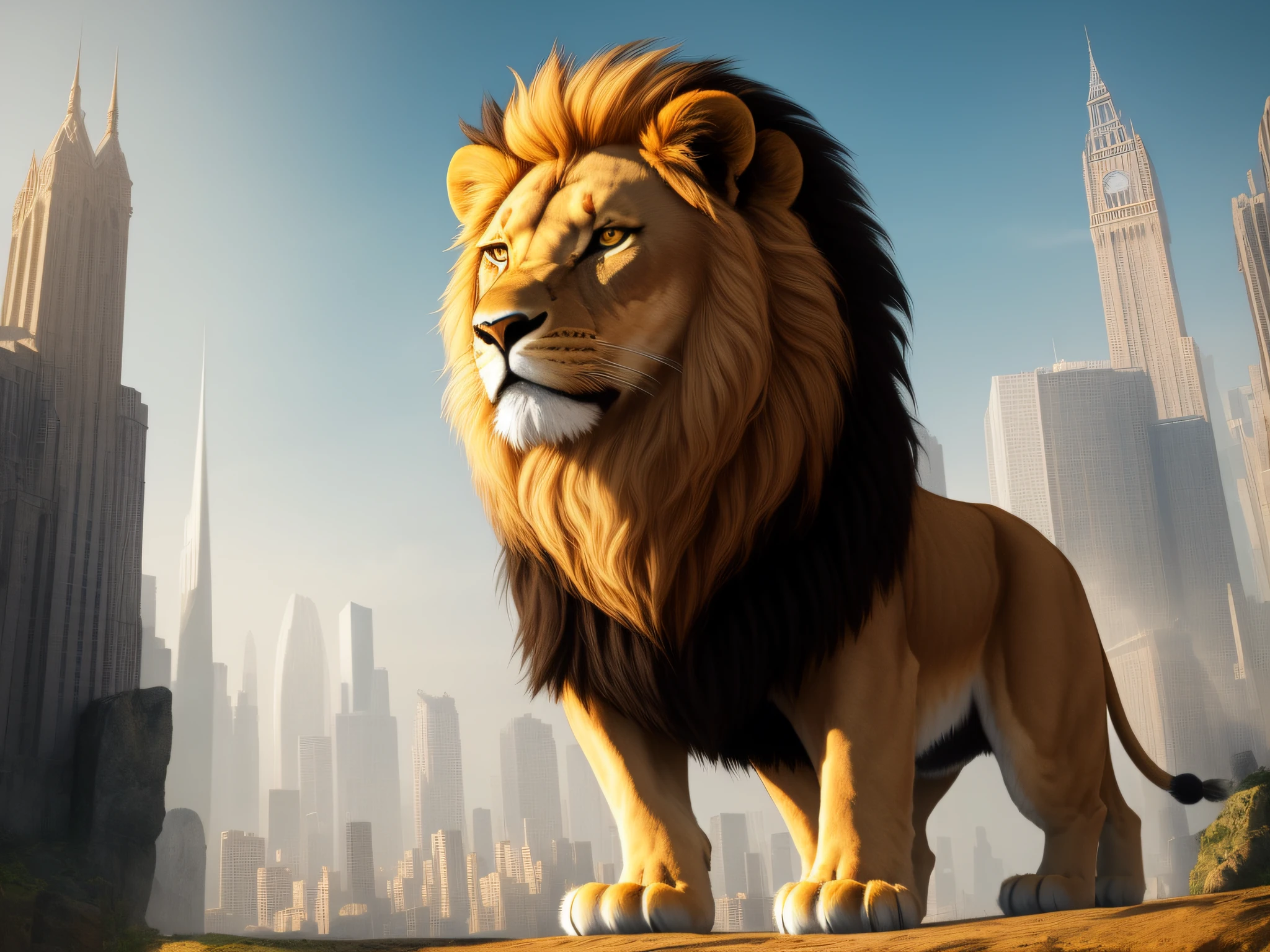 The lion is a magnificent creature, imposing and majestic in its appearance. Its body is giant, muscular and slender, with golden hair that glows in a realistic texture. The lion's mane is in the wind, adding a touch of dynamics and movement to his figure. In the background, a futuristic fantasy world stretches into the distance, with impressive buildings and architectural structures. The lights shine brightly in the city, creating a dazzling contrast to the golden coat of the lion. The futuristic world is detailed and realistic, with maximum quality in every pixel. The lion is in profile, staring at the horizon with a fierce and determined gaze. Their paws are strong and muscular, ready to attack or defend their territory. His mouth is half-open, revealing sharp teeth and a deafening roar that echoes throughout the futuristic city. Despite its fierce appearance, the lion is not an aggressive creature by nature. He is noble and loyal, protecting his band with fierce determination. His presence is imposing and respected, representing courage, nobility and wisdom. The futuristic world in the background adds a touch of mystery and wonder to the image. The city is a marvel of technology and design, with impressive architectural structures and bright lights that create a fantastic environment. It's a world that's both intriguing and inspiring. The image is of high quality, with an attention to detail that is impressive. Every lion's fur is sharp, and every building and structure in the city is detailed and realistic. The image is a masterpiece of digital art, displaying the beauty and majesty of the natural world and the creative world of the human imagination.