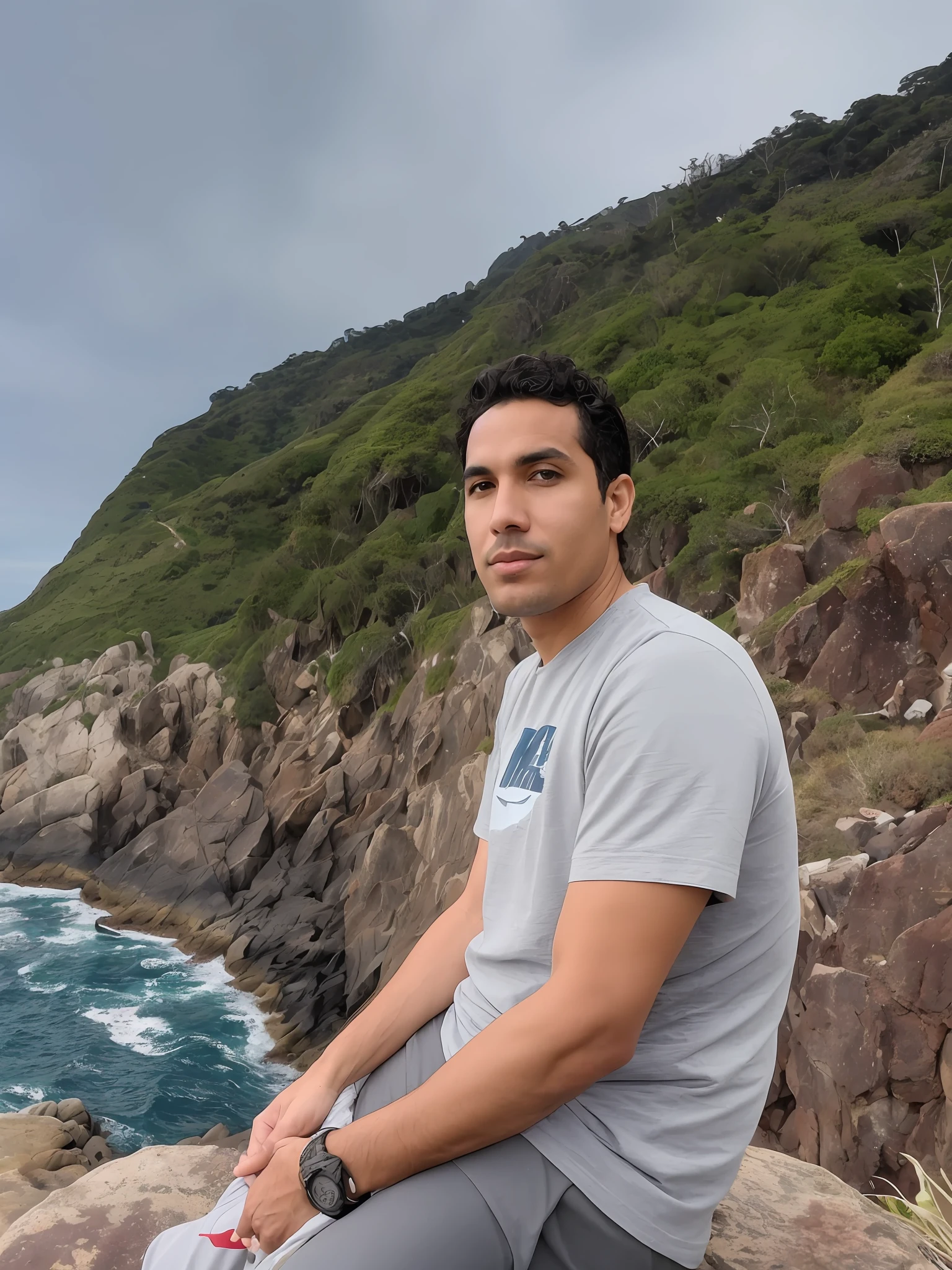 there is a man sitting on a rock by the ocean, ocean in the background, the ocean in the background, with mountains in the background, caio santos, with mountains in background, david rios ferreira, with mountains as background, coast as the background, icaro carvalho, near the sea, the sea in the background, cliff side, moutain in background