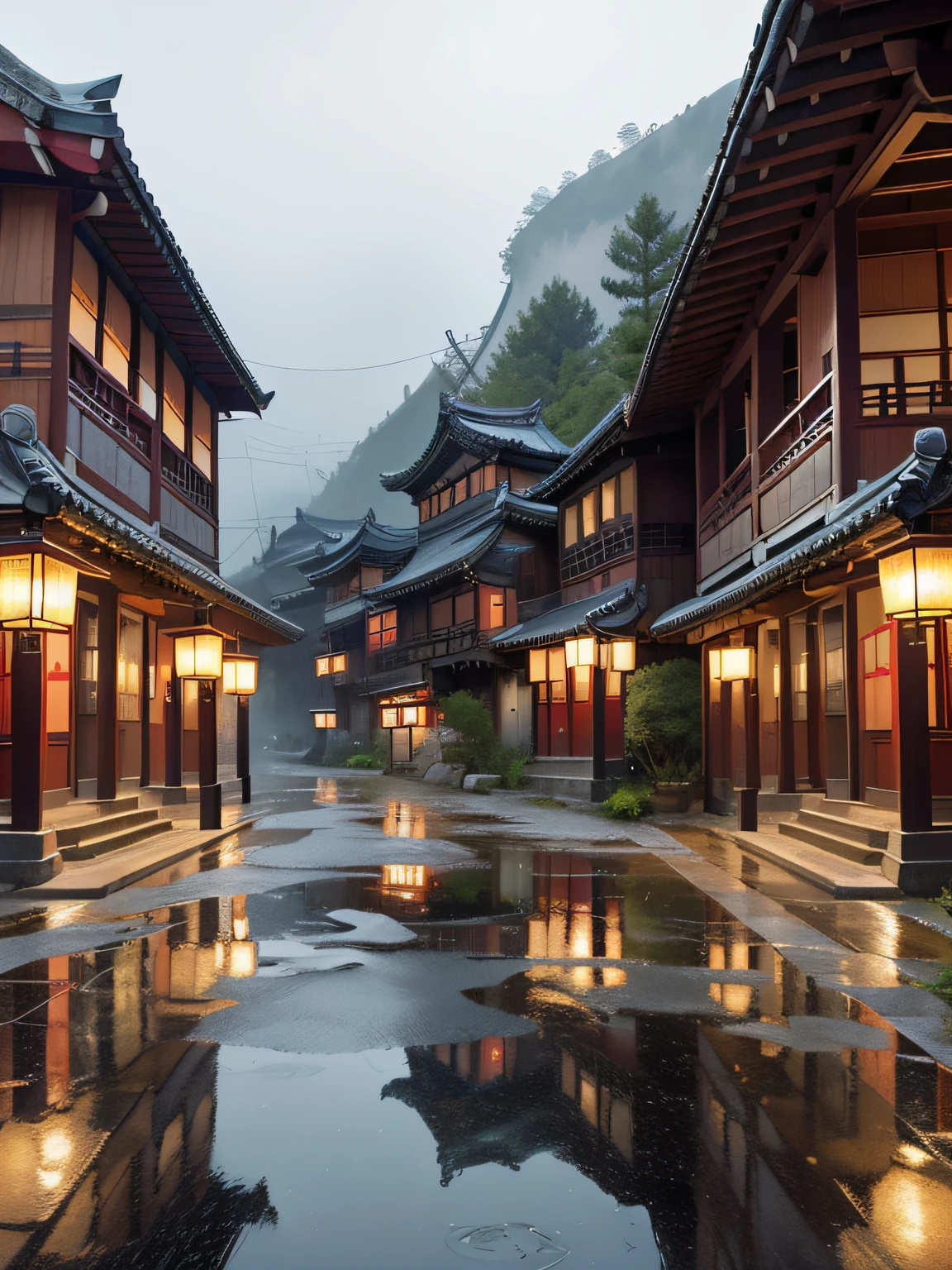 arafed view of a village with a lot of lights on the buildings, dreamy chinese town, chinese village, amazing wallpaper, japanese town, japanese village, hyper realistic photo of a town, old asian village, japanese city, by Raymond Han, rainy evening, cyberpunk chinese ancient castle, beautifully lit buildings, at evening during rain, beautiful and aesthetic, photography, cinematic, 8k, high detailed ((Heavy rain)))
