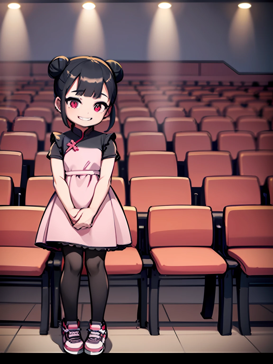 Little girl, toddler, double bun, pink dress, Chinese dress, black pantyhose, eyes open, round little face, smile, gritted teeth, black hair, no background, no scene, standing, facing the audience, panoramic photo, alone, shoes exposed, flat chest,