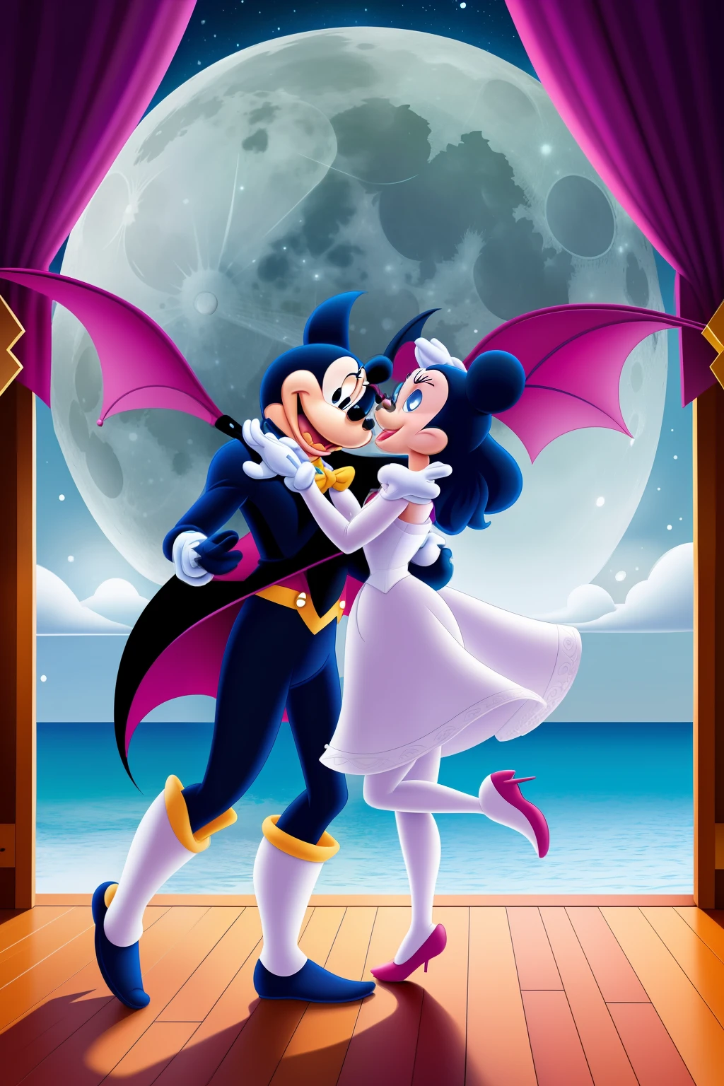 A cute bat (Very happy couple like disney cartoon) flying in front the white moon to your house where The wife wait him, Disney fantasy, detailed, high definicion, ultra resolution, 64k, --s2