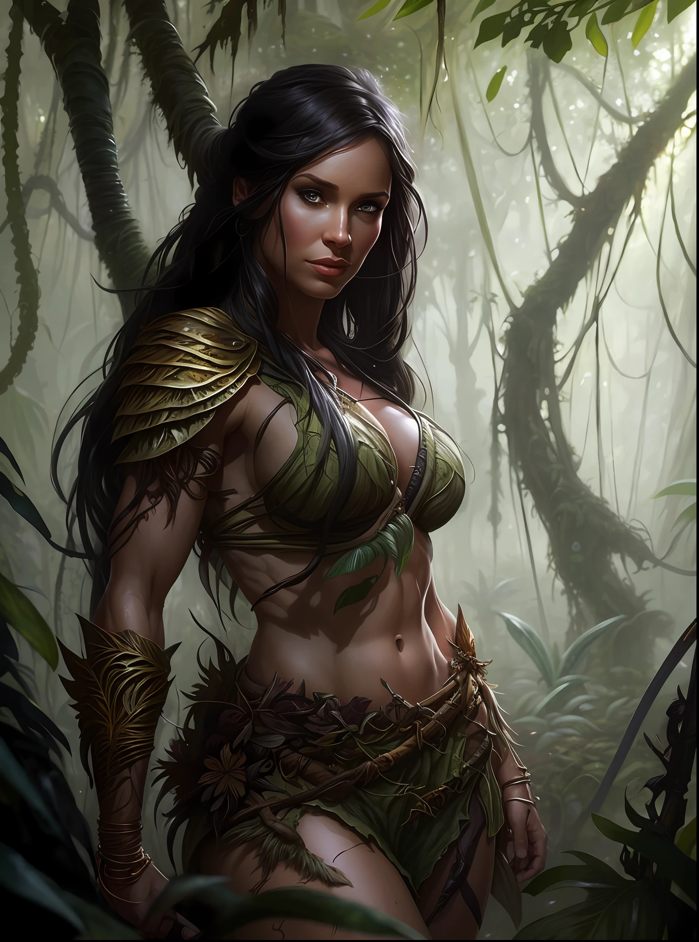 a close up of a woman in a jungle with a sword, tyler edlin fantasy art, forest hunter lady, graphic artist magali villeneuve, epic fantasy character art, fantasy character art, magali villeneuve', detailed fantasy art, 4k fantasy art, fantasy concept art portrait, fantasy woman, muscular female druid, a very beautiful berserker woman, realistic fantasy artwork