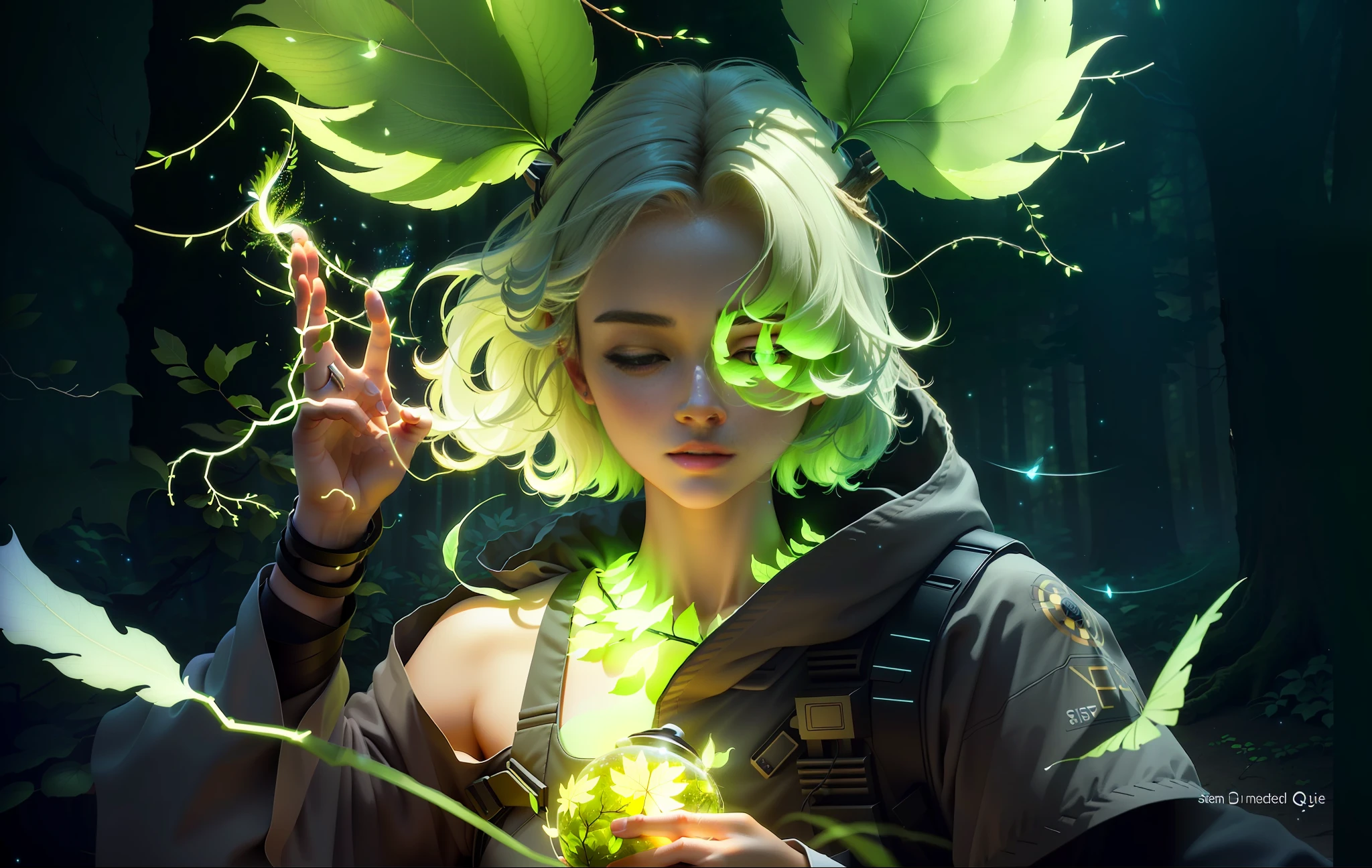 Masterpiece, best quality, (ultra-fine CG unity 8k wallpaper), (best quality), (best shadow), UI interface framework design with natural elements of the forest theme. Surrounded by delicate leaves and branches, there are also fireflies and glowing particle effects, moon, (UI interface box design), (natural elements), (forest theme), (circle), (leaves), (branches), (fireflies), (glow), (particle effects). , isometric 3d, octane rendering, ray tracing, super detailed