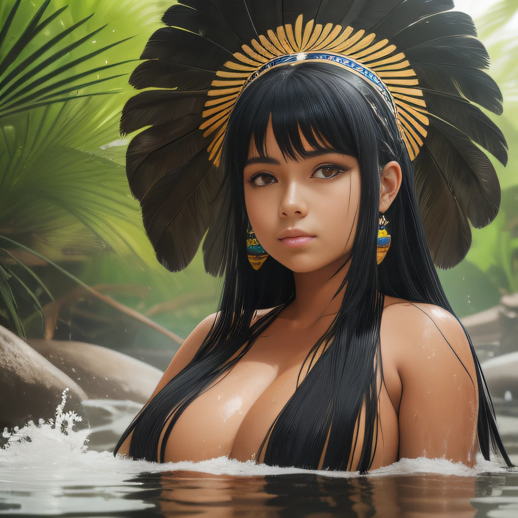 cabocla fringe of Amazonian India, tanned skin, extreme long black hair messes, bathing to the natural, in a deep river and with transparent waters that show the silhouette of his submerged body, only with the head and shoulders out of the water, straight at the height of the back, huge macaw feather headdress, bicolour eyes, honey color, fluffy turned, ((big cheeks)), portrait of a beautiful woman, 28 years old. --auto --s2