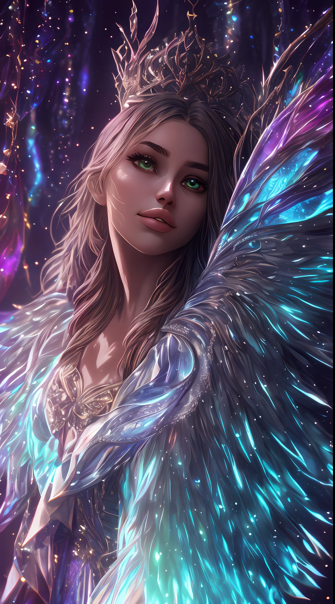 An ethereal female figure with delicate, luminescent wings, surrounded by glowing, magical creatures in an enchanted forest Subsurface skin scattering, shiny skin, iridescent dress, detailed background, ([Elizabeth Olsen|Anne Hathaway|Selena Gomez]:0.8), round cute face, green eyes, close-up, amazing fine detail, Nikon D850 film stock photograph Kodak Portra 400 camera f1.6 lens, rich colors, lifelike texture, dramatic lighting, unreal engine, trending on ArtStation, cinestill 800 tungsten