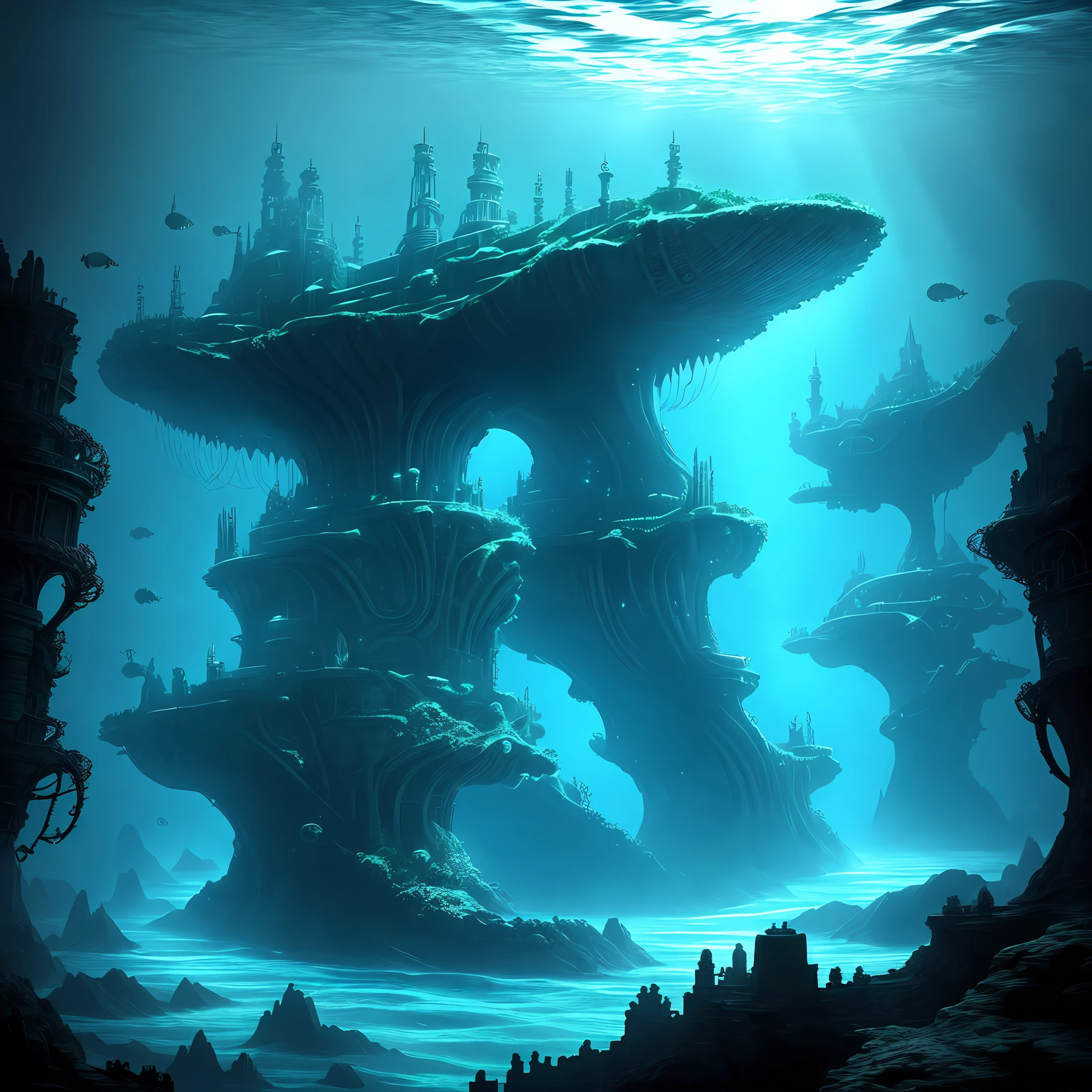 Submerged Atlantis, Biomechanical structures beneath the ocean, eerie luminescence, lovecraftian