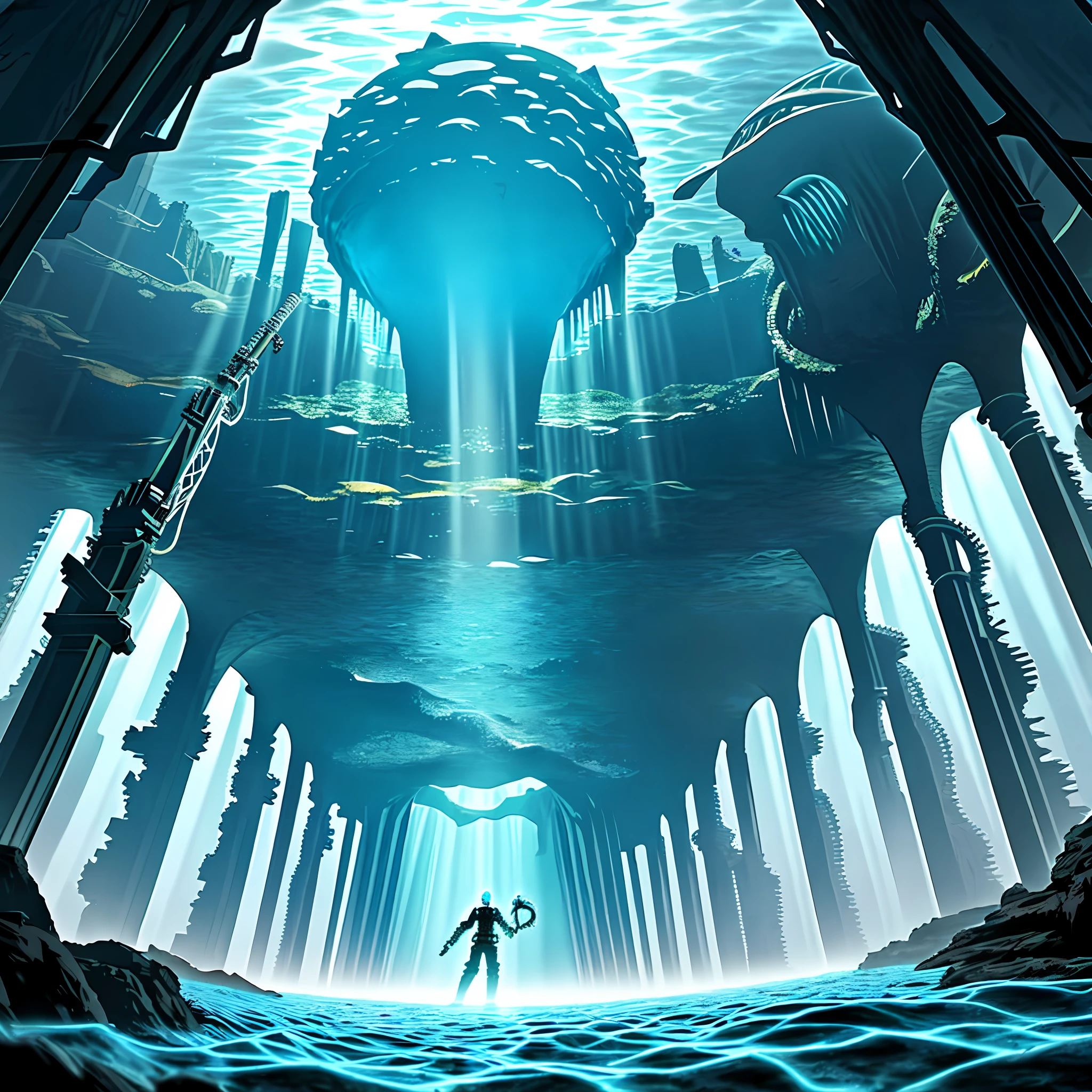 Submerged Atlantis, Biomechanical structures beneath the ocean, eerie luminescence, lovecraftian