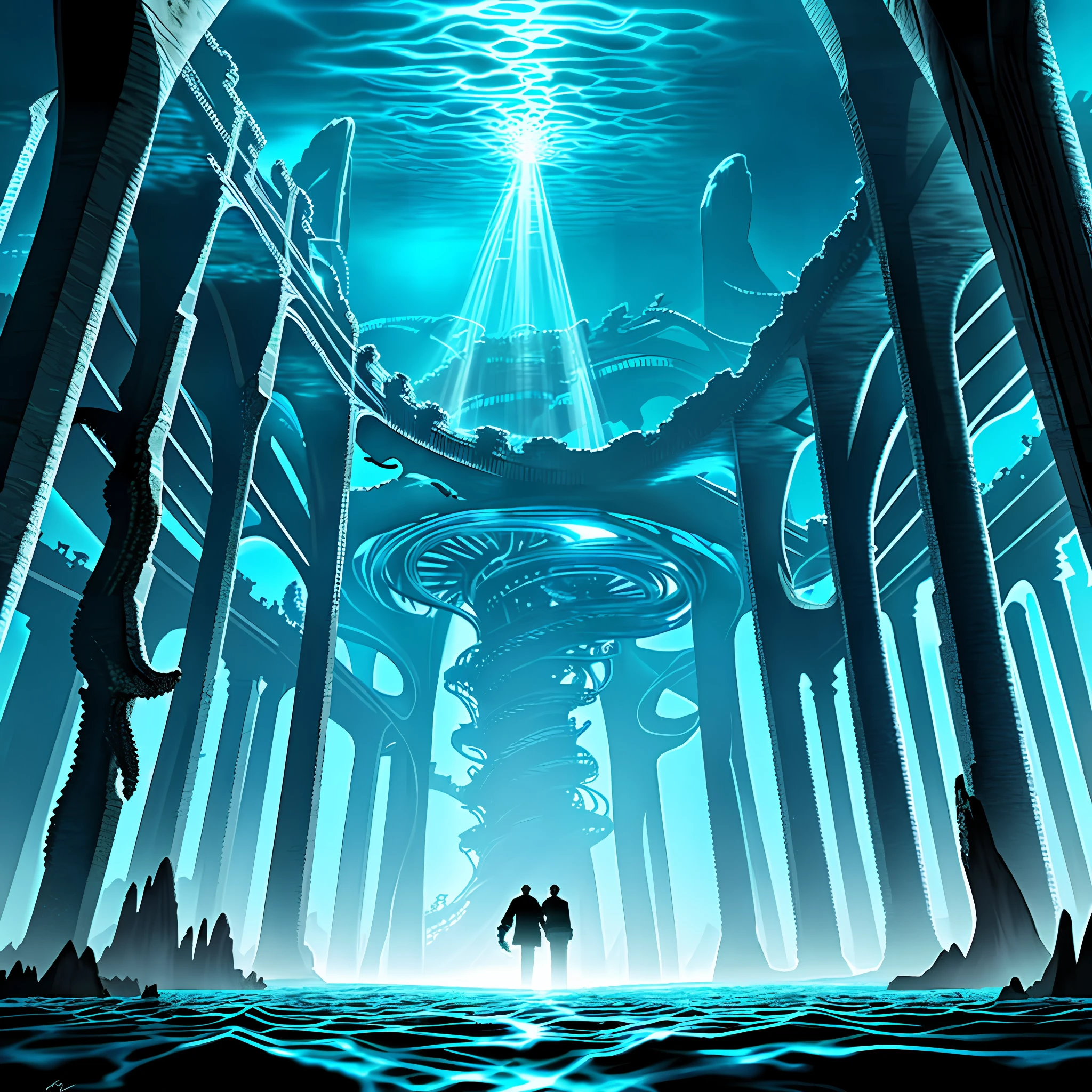 Submerged Atlantis, Biomechanical structures beneath the ocean, eerie luminescence, lovecraftian