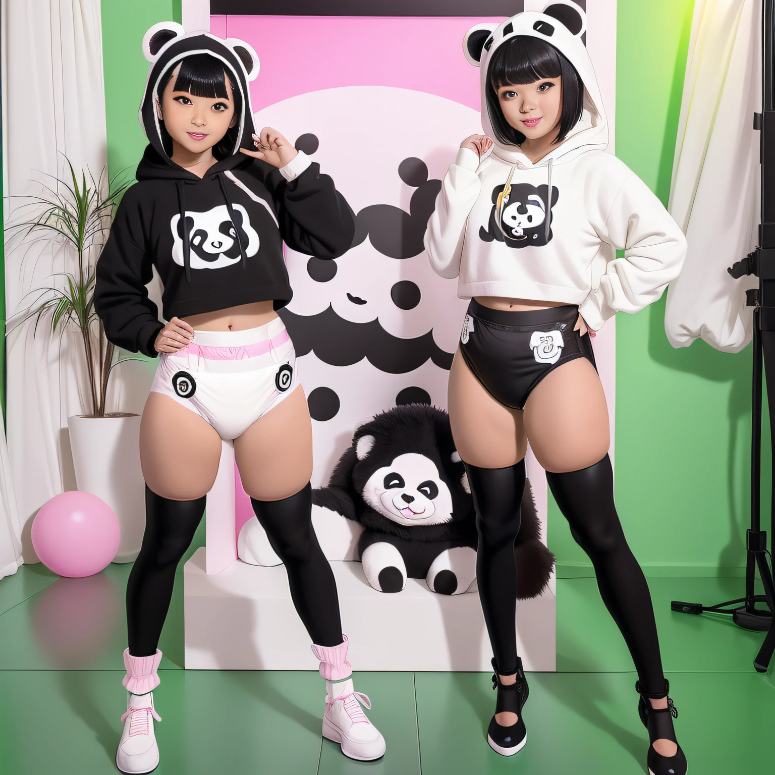 (aesthetic, high quality, ultra detailed CG), a blushing Asian girl, cute, short black hair, big cute eyes, "black and white panda theme hoodie", wearing a diaper, black thigh high socks and mary jane shoes, a full body portrait, standing up pose, casual dynamic pose, high key lighting, pastel colors, anime-style, light green bright background.